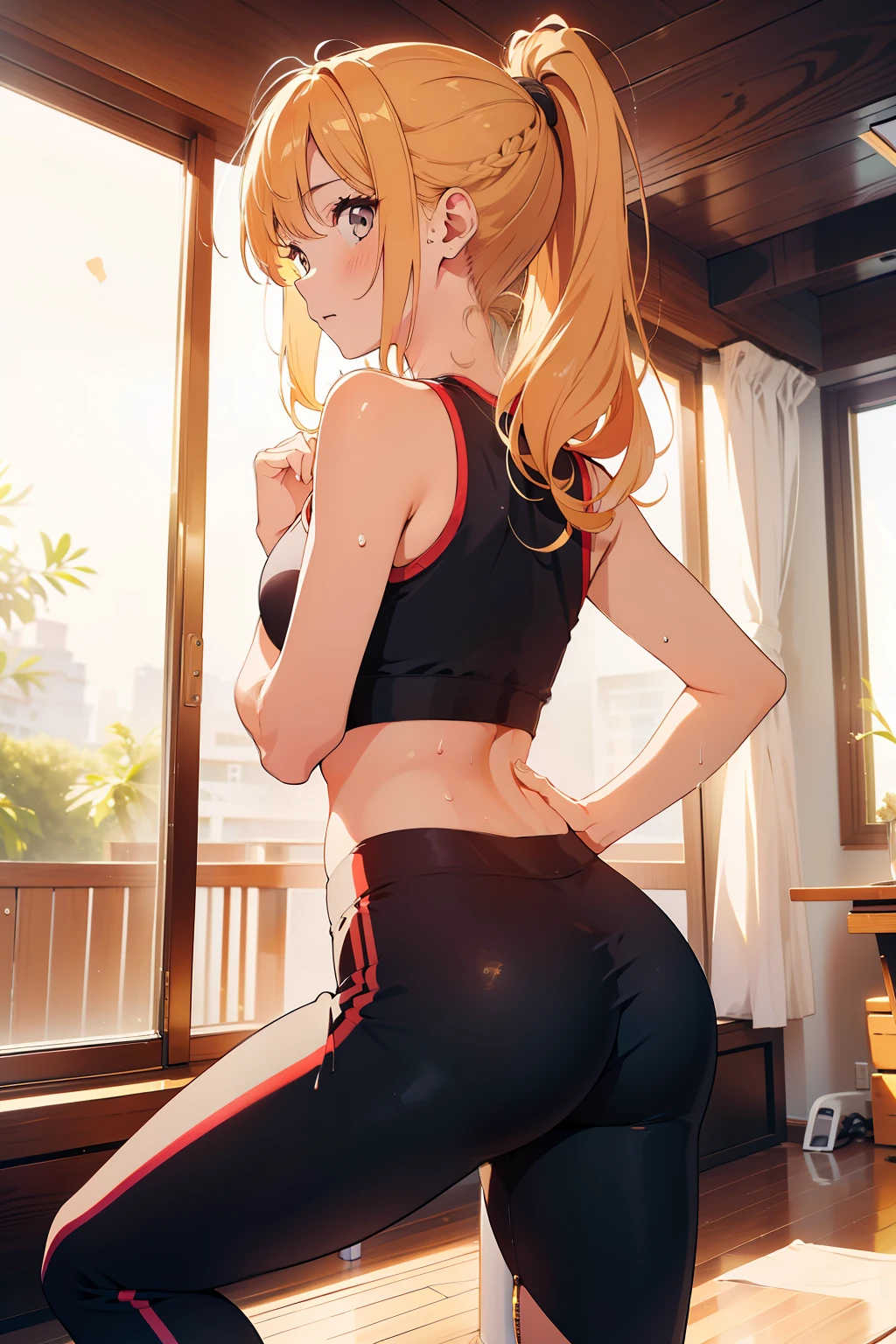 (highest quality, 8K, High resolution, masterpiece:1.ung woman, medium hair, golden hair, short_ponytail, play sports often , For yoga pants,shorts、 yoga room、Sweat、burn