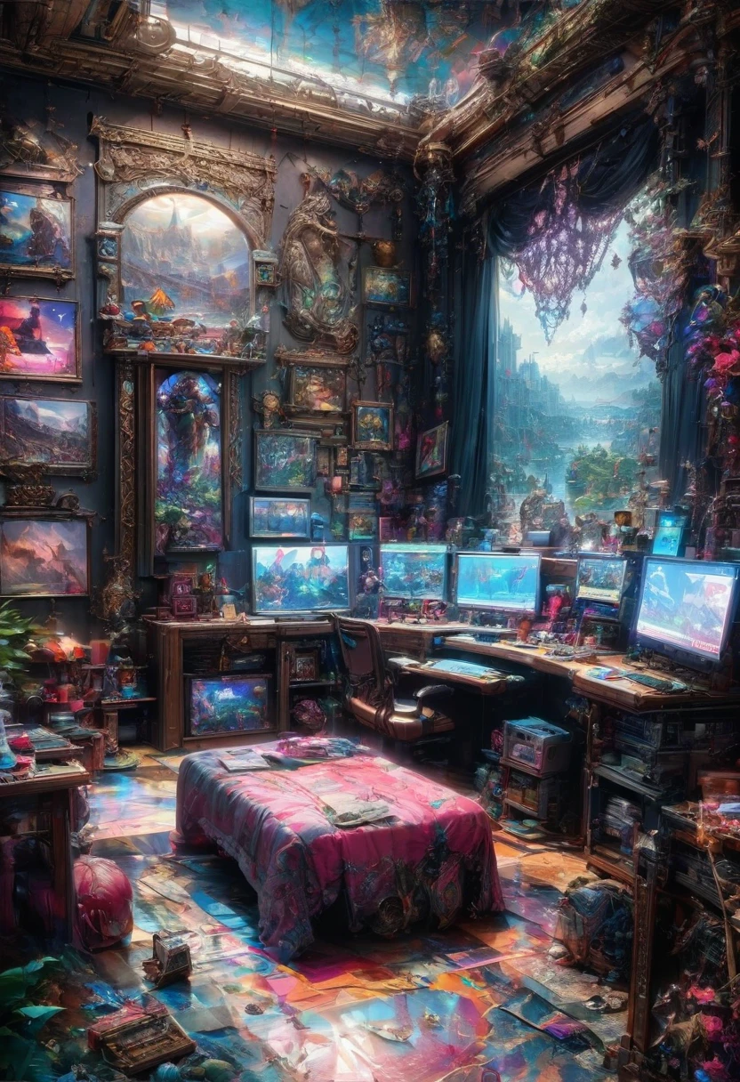 Vaporwave Aesthetic, room, Exquisite decoration, neat and tidy, sort, indoor, realism, detailed background, best quality, masterpiece, very aesthetic, perfect composition, intricate details, ultra-detailed, Animagine