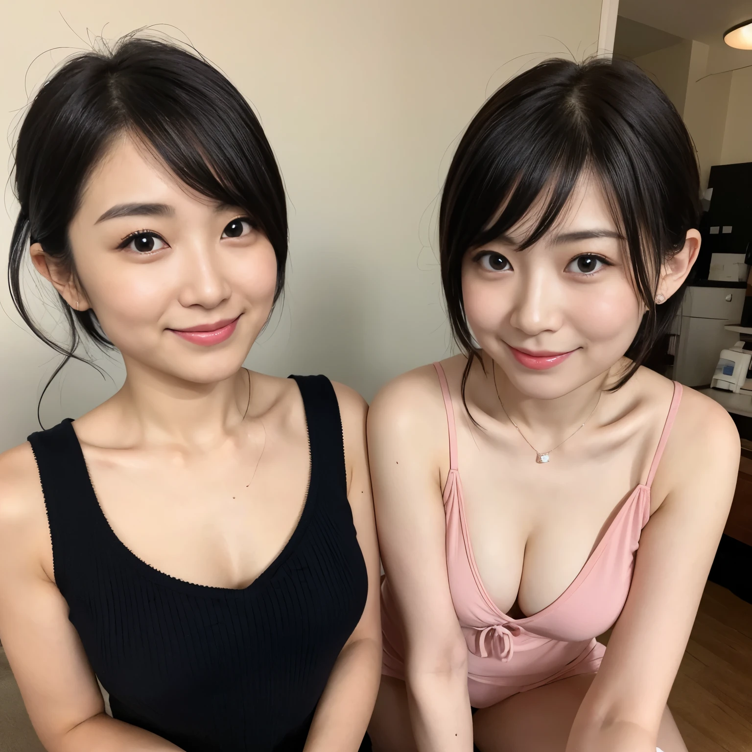 very high quality、be familiar with、Two Japanese women with beautiful faces like actresses、18 ~ Random age over 35、A little plump、Short hair1 person、1 person with ponytail、black hair、Completely naked、thin camisole、Bedroom、look at the camera、attractive appearance、light smile、half open mouth、expression of ecstasy、blush、each other'touch your chest、fingers touch body、wet skin、wet hair