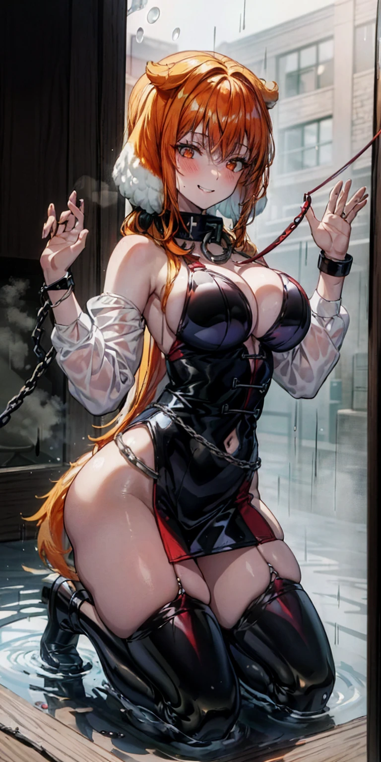 Latex girl lustful smirking smile red blush red cheeks, chain leash, kneeling, shackles, leather black collar slave, dog ears, fluffy dog ears, hands on glass breasts on glass ass on glass window fog water drop