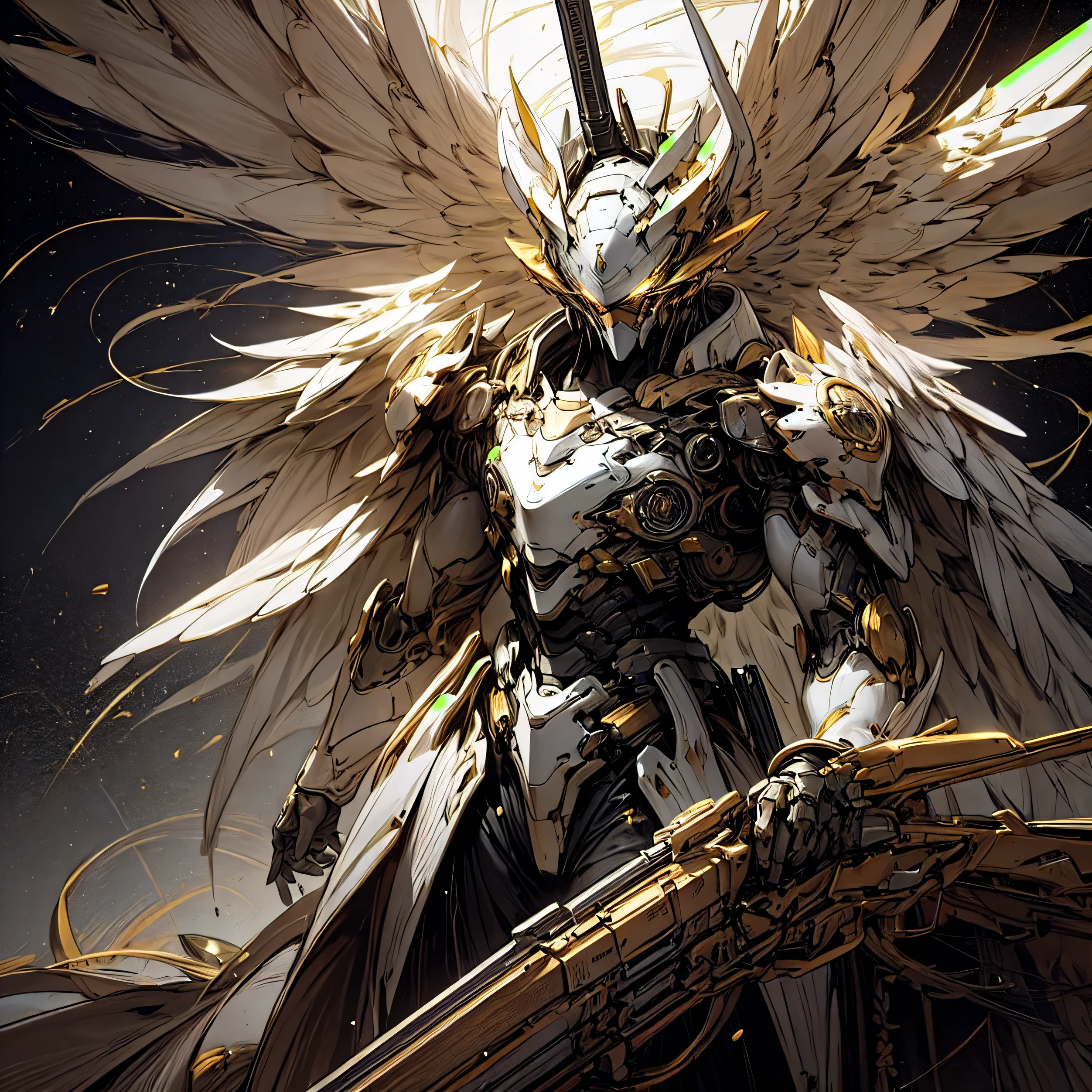 (masterpiece, highest quality:1.3),very detailed, Complex, 8K, HDR, wallpaper, cinematic lighting, (universe),gun,(Shooting position), shine, armor, shine eyes, Mecha, big wings, dark knight,metallic,One body,In the vast universe,Golden and white