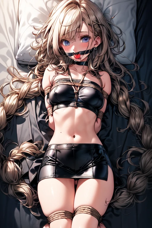 Shiny blond hair, very long hair, sophisticated haircut, ((((hair fully braided)))), ((small twisted braids)), thin and oval face, submissive, (((gagged))), ((((tight latex crop top)))), ((((tight latex skirt)))), cute and blushing 18 years old anime girl, look away because she is embarrassed and blushes, bright blue eyes, detailed face, detailed members, detailed arms, detailed hands, ((((sparkling diamond jewelry)))), tiara, ((makeup)), high heels, puffy sleeves, long gloves, long eyelashes, Girl lying, tied by ropes, shackled, can no longer move, tied tightly, very hard tied up with lots of ropes, hampered by so many ropes that she can no longer move, bound hands and feet, ropes tie his whole body, tied extremely tightly and forcefully to her bed by a lot of ropes, its limbs are strongly tied together by ropes, his torso is tied up with thick cords, her chest is so tied up with ropes that it sticks out, her legs are tied tightly with thick ropes, his hands are tied behind his back with ropes, she can no longer move her feet, her hands which are tied by thick ropes, she desperately tries to free herself, likes to be tied tight with big ropes, likes to be immobilized by big ropes, lying down, his hands and feet are strongly tied to the railing of his bed, his legs are pressed together and tied with ropes, its limbs are held vigorously by imposing ropes, her hands are tied securely behind her back by ropes, her chest is compressed by strong ropes, she is pressed against her bed and restrained by large ropes (shibari, arms behind the back:1.4), (hands on the back), (masterpiece, best quality) 1.5, 1girl, solo, (sexy, beautiful woman, perfect face, perfect eyes, perfect hands), samus aran, (shibari, arms behind the back:1.4), (hands on the back), Spread the legs, s&#39; ((lie in bed by big ropes)), ((close up of the girl)), ((((lie in bed))))