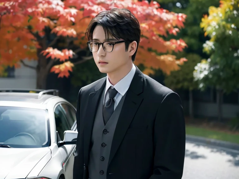 (one wearing glasses、Wearing a white shirt、man in suit and tie)、best quality、masterpiece、ultra high resolution、(Photo realism:1.4)、original photo、(室外街道上one wearing glasses、Wearing a white shirt、man in suit and tie、Standing under the maple tree、Red and big maple leaves、delicate leaves、branch details)、(A black BMW car next to the man、Man&#39;s hands on car roof)shadow、octane rendering、8K、Super sharp、realistic light、(There is only one car on the street、man&#39;s shining eyes、looking in the direction of the camera)、小LED、Professional profile photo, Professional portrait photos、Realistic portrait photos, Detailed color portrait, Portrait of an idol, High quality portrait.