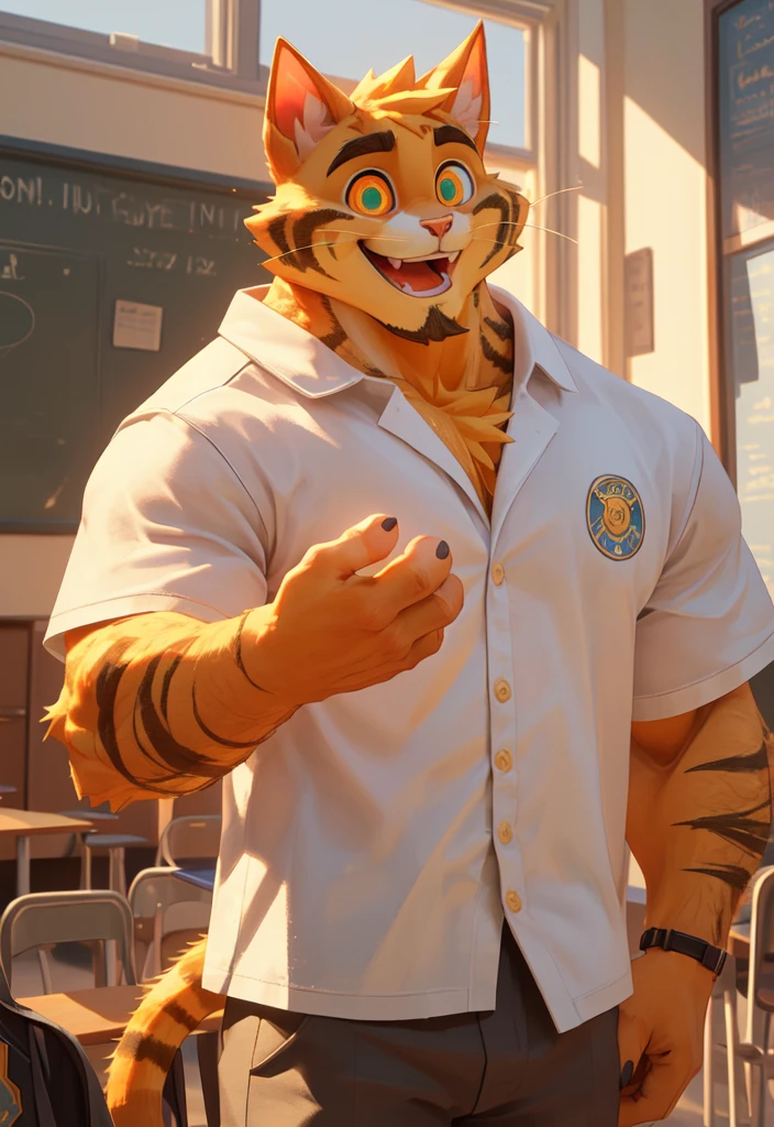 (masterpiece),(Very detailed),(best quality),hairy,Cat,orange fur,vivid eyes,golden pupils,cute style,Slightly muscular,Sunny and cheerful,(white casual wear),((funny expression)),8K,(high quality),(ultra high definition),(super detailed)(High )(Please don't make your eyes too big)