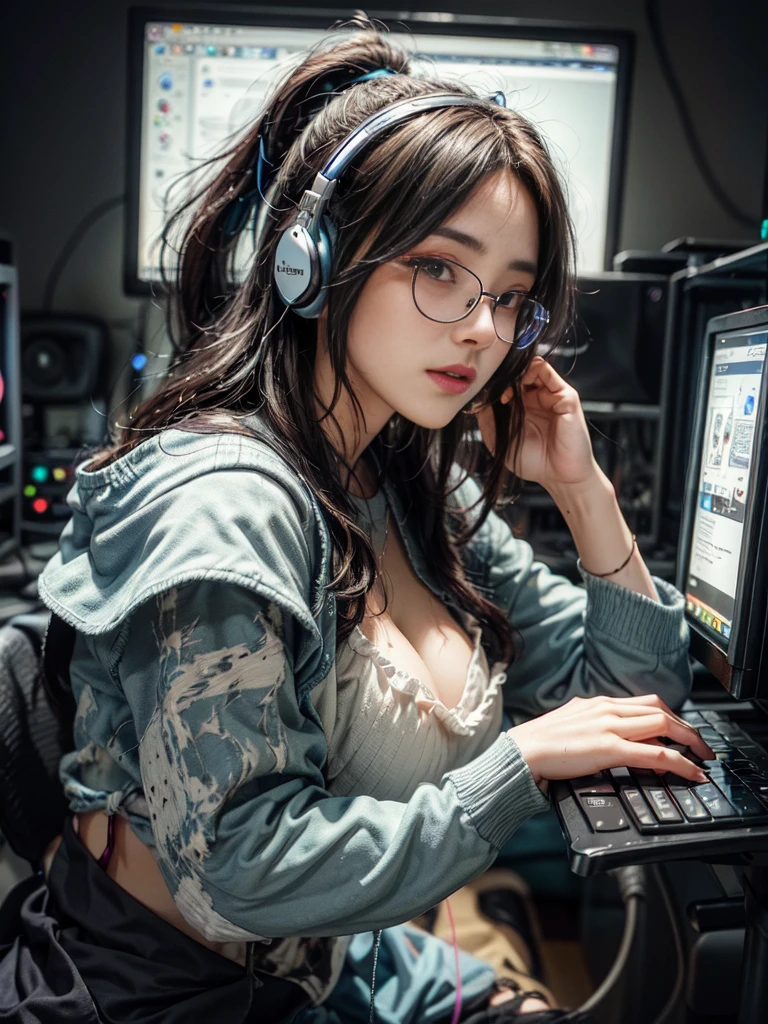 ultra-detailed, cute woman, petite stature, enormous breasts, side milk, white skin, alluring figure, black long messy hair, watery eyes, long uper eye lashes, contemptuous gaze, blush on cheeks, seductive smile, background((dark and messy gaming room, Server Machine, neon lights, Braces, some computer, notebook)), messy paper, flight, Debris flying, writing border depth, Movie, Finished lunch box, Cup drinks, coffee, seated in a gaming chair, ((engrossed in staring at the computer screen)), ((hands moving on the keyboard)), black RGB gaming headset, Blue jacket, Open shoulders, black short bandeau top, white miniskirt, , black-framed glasses, (Glasses reflect light from screen), ((screen light)), HDR, Premium shade, Perfect painting, visual art, Perfect art, super detai, from side, atmospheric perspective, chiaroscuro, Best quality, textured skin, ccurate, highres, super detail, masterpiece