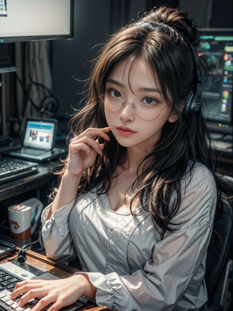 ultra-detailed, cute woman, petite stature, enormous breasts, side milk, white skin, alluring figure, black long messy hair, watery eyes, long uper eye lashes, contemptuous gaze, blush on cheeks, seductive smile, background((dark and messy gaming room, Server Machine, neon lights, Braces, some computer, notebook)), messy paper, flight, Debris flying, writing border depth, Movie, Finished lunch box, Cup drinks, coffee, seated in a gaming chair, ((engrossed in staring at the computer screen)), ((hands moving on the keyboard)), black RGB gaming headset, Blue jacket, Open shoulders, black short bandeau top, white miniskirt, , black-framed glasses, (Glasses reflect light from screen), ((screen light)), HDR, Premium shade, Perfect painting, visual art, Perfect art, super detai, from side, atmospheric perspective, chiaroscuro, Best quality, textured skin, ccurate, highres, super detail, masterpiece