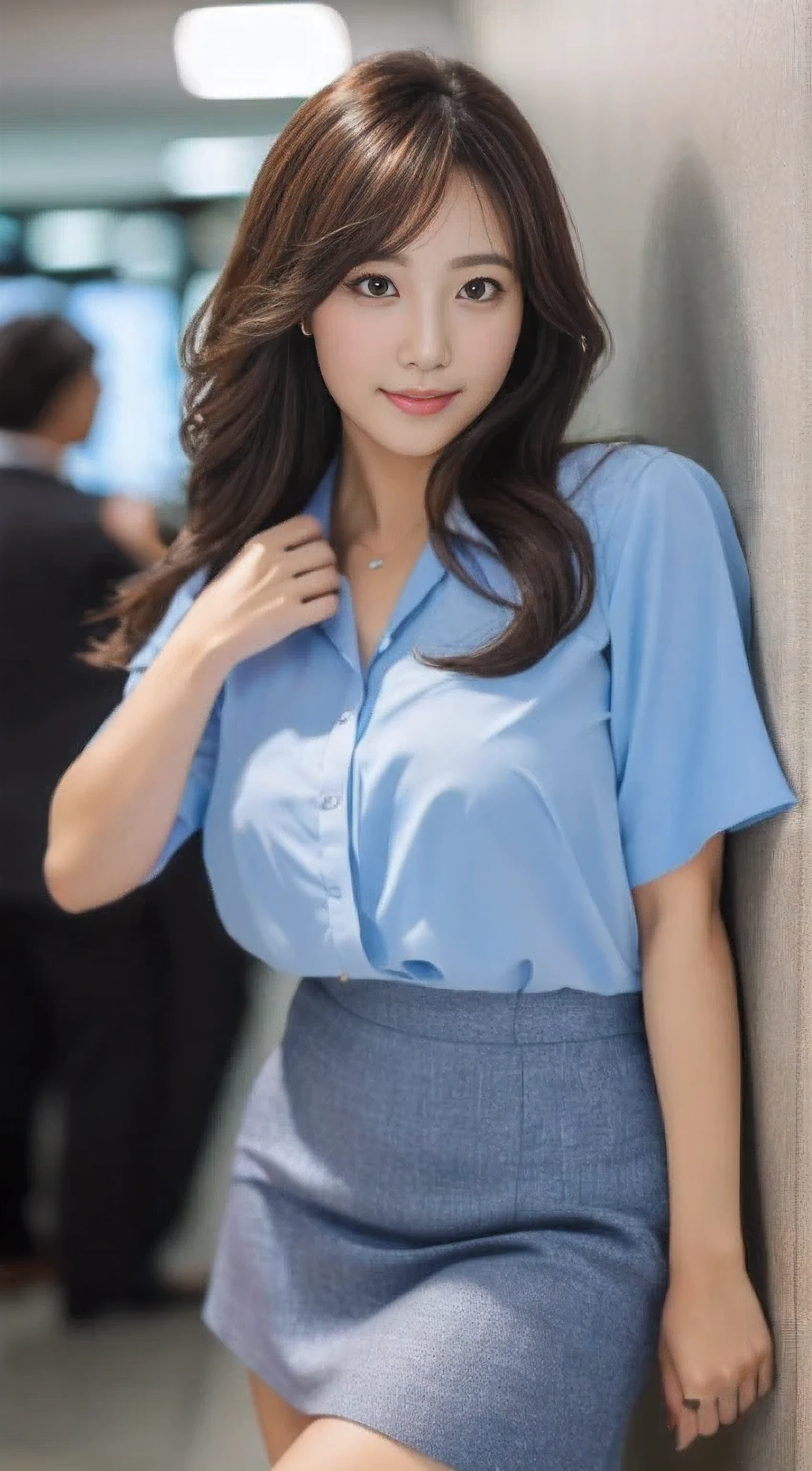 (RAW photo、best quality)、(genuine、photo-genuineistic:1.3)、best quality、masterpiece、very delicate and beautiful、Very detailed CG、unity、8K wallpaper、surprisingly okay、small detailasterpiece、best quality、very detailed eyes and face、detailed and beautiful eyes、facial light、pay attention to your audience、(best quality、8K、32k、masterpiece、UHD:1.2)、cute japanese women pictures、fine double eyes、double eyelid、the most beautiful face in the world、hair、big breasts、Suit attire、Work style、light blue blouse、too short black skirt、tight clothes、tight clothes、Boardroom Background、sexy、pin high heels、camel toe、whole body、thick thighs、barefoot、