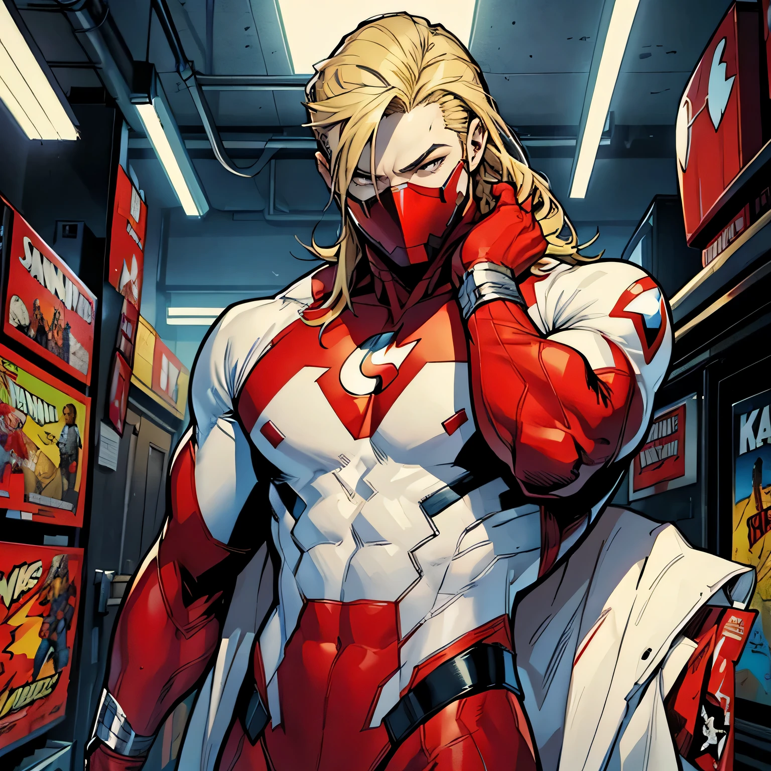 Best quality, marvel comic style, marvel comic panel, mask covers head, marvel superhero, red and white bodysuit, lean, young man, no facial hair, red and white mask, superhero, antihero, antivillain, knives, 1 person, blonde, slim figure, mid length hair