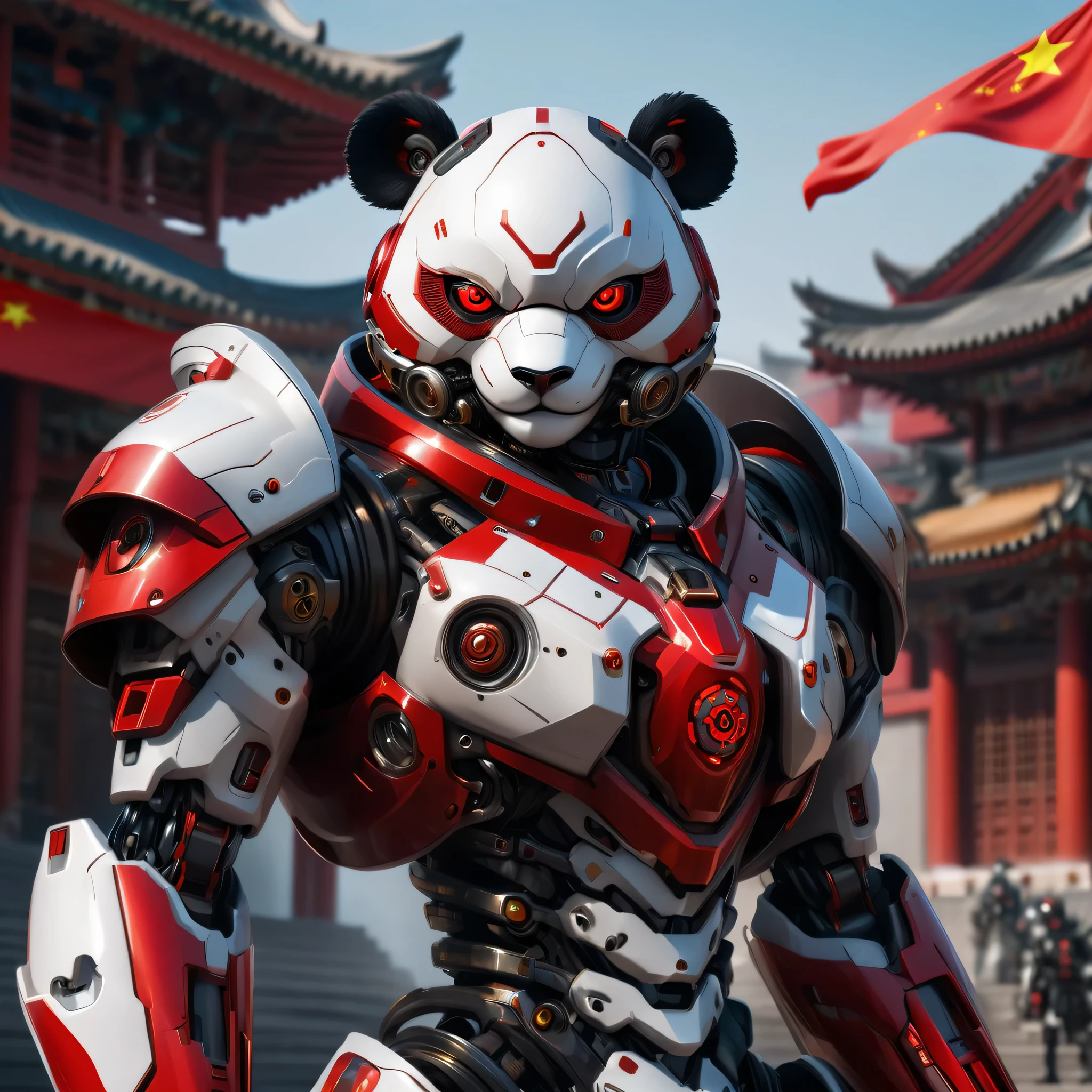 an ultra detailed, hiper realism, digital art, of a mecha panda, red eyes, with in an elegant China flag colors in your cyborg armor with mechanic parts and cyborg helmet , sci-fi armor, super detailed armor, carbon textures, ghost in the shell, deus ex, full body shot, action pose, ultra sharp focus, award winning photography, perfect contrast, high sharpness, depth of field, ultra detailed photography, global illumination, smooth, 18mm, full body vision, ultra high definition, 8k, unreal engine 5, ultra sharp focus, award winning photography, trending on artstation