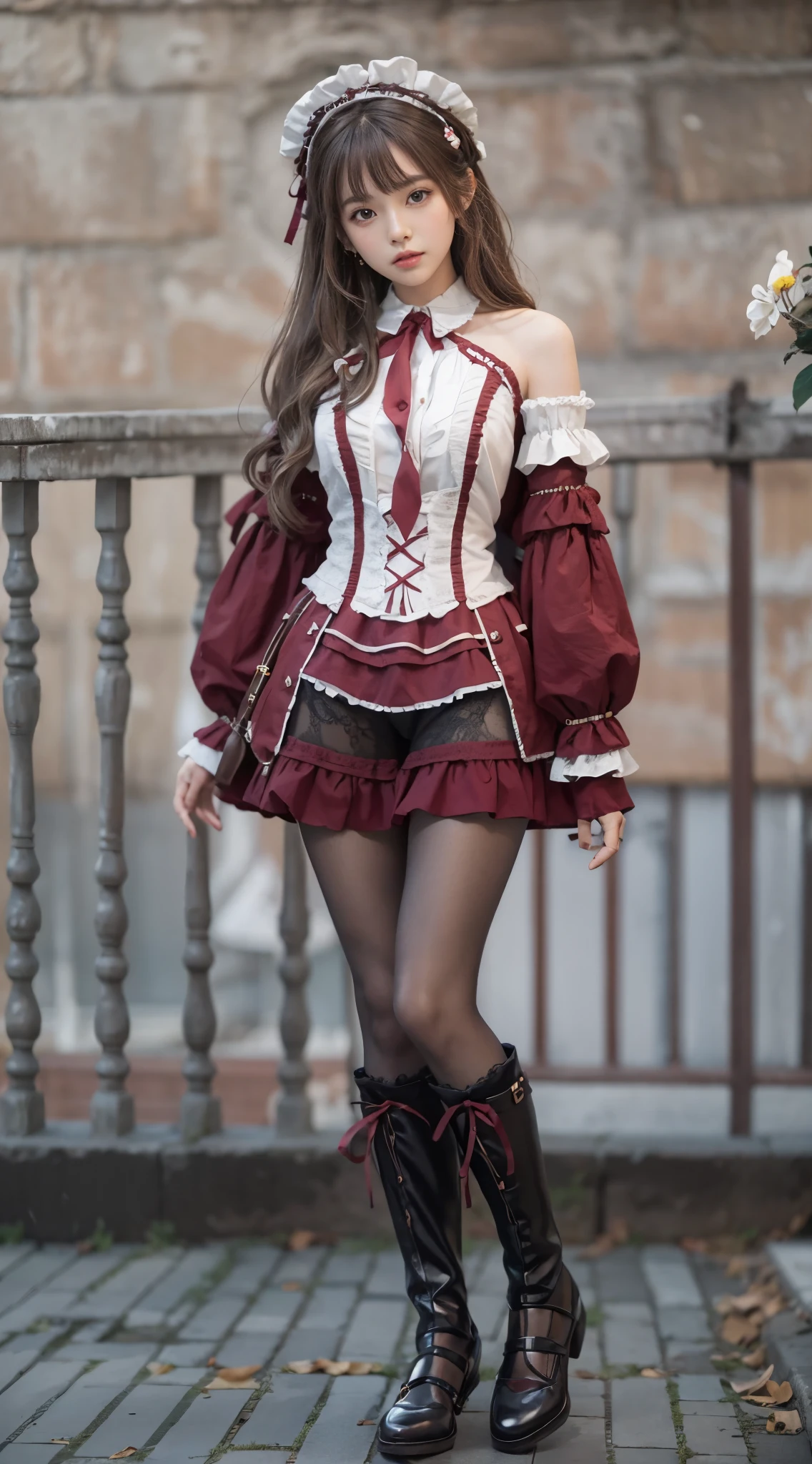 (8 thousand, RAW photos, best quality, masterpiece:1.2),(In reality, realistic photo:1.4)
(Lolita costumes),race, Aerith Gainsborough, upper part of the body, underwear,exposed shoulders, out, old castle,brown hair, high quality, adobe lightroom, High detail skin, looking at viewer,