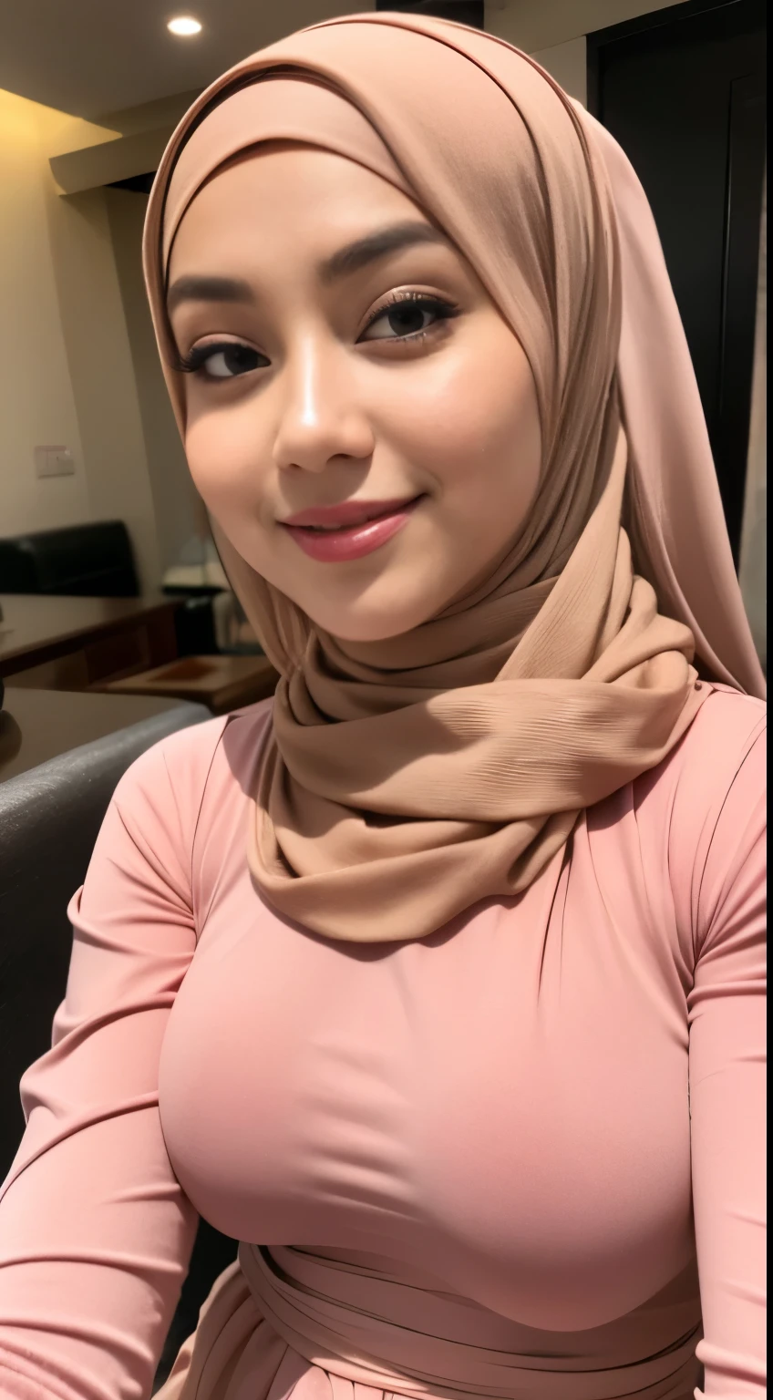 RAW, Best quality, high resolution, masterpiece: 1.3), beautiful Malay woman in hijab,Masterpiece, perfect fit body, ((Huge breast)), biggorgeous eyes, Soft smile,muslim woman in a plain long sleeve shirt and hijab posing for a picture, hijab, with lovely look, with beautiful colors, with accurate face, pose 4 of 1 6, traditional beauty, batik, wearing beautiful clothes, beutifull, with beautiful exotic, attractive pose, cute pose, scarf, wearing plain chiton, very attractive , she is smiling,Delicate turtleneck, necklace, shairband, afternoon walk, City garden, Excellent lighting, Bright colors, Clean lines