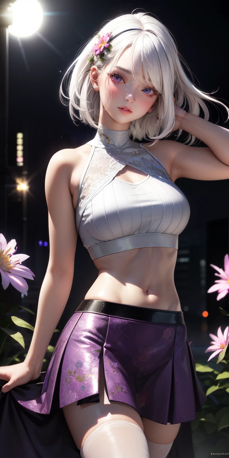 realistic, 1girl, white hair, purple eyes, glowing eyes, crop top, skirt, parted lips, blush, night, flowers, sun, sunlight,