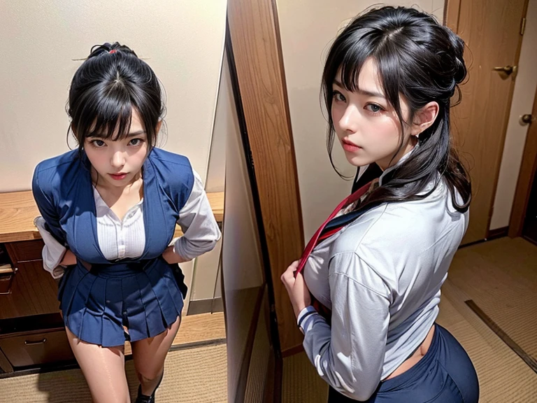 超actual,Reality,actual,30-year-old Korean woman,(Face the audience head-on),Sunlight,in the shadows,Japan,bathroom,toilet,wash basin,(dynamic poses),(above knee)(portrait)((Looking forward to the arrival of the audience)),((Japan女高中校服,student,sling:1.5)),(The perfect body proportions under the school uniform,,Slim waist,Buttocks enlargement:1.5),满头大Sweat,full body Sweat ribbon,Bright brown hair,8K original image,High resolution, Guy with cool expression,,Beautiful eyes in every detail,long eyelashes,beautiful double eyelids,Narrow your eyes,(open mouth,pant,Breathe through your mouth),evil look,Smile,casual short hair,hair on back of head,ribbon,interesting,empty,Dark brown hair,earrings,Long hair with bangs,满头大Sweat,Sweat,Face the audience head-on,barefoot