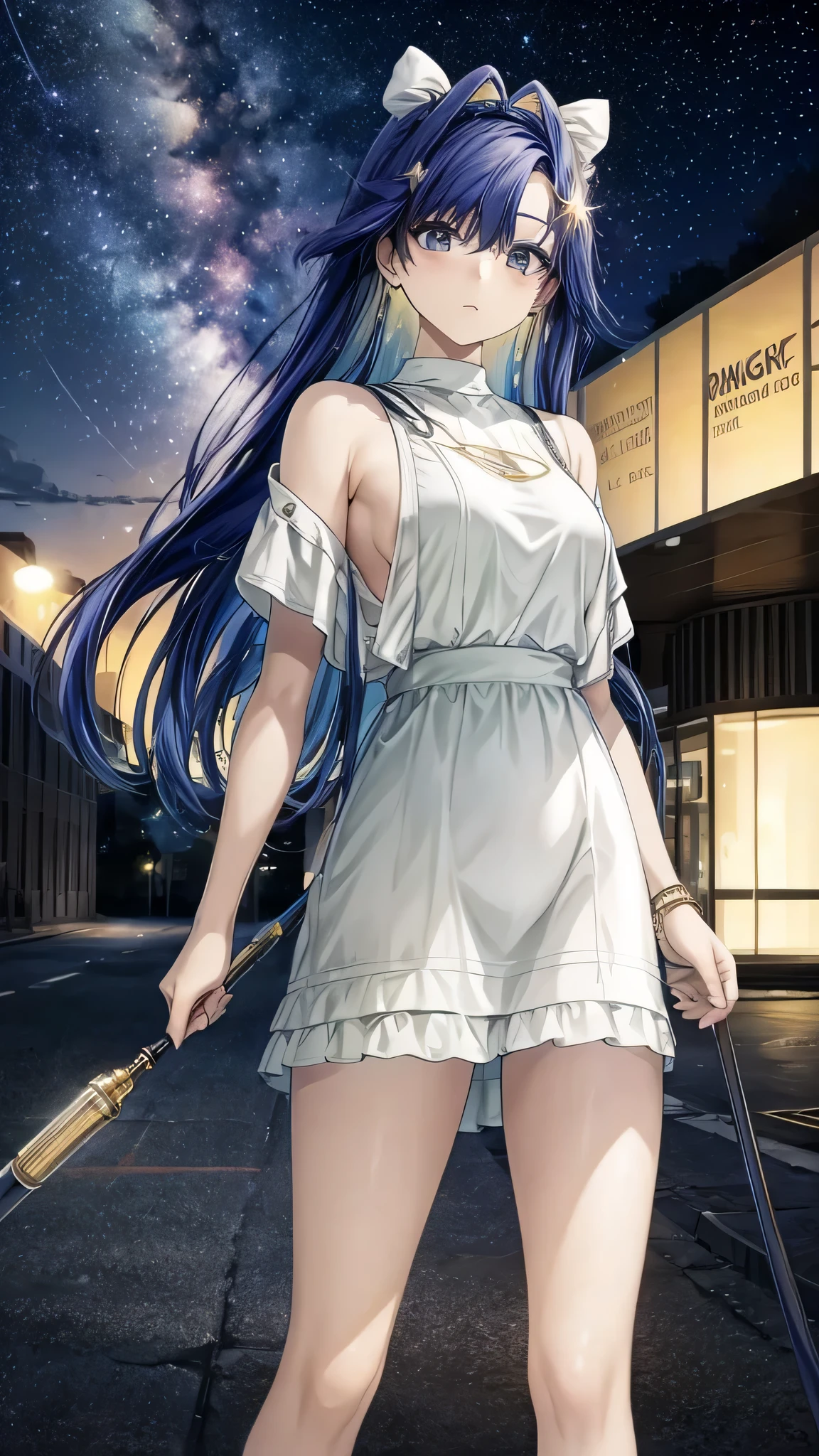 Voyager from Reverse 1999, realistic, beautiful city background, night sky with stars, casual outfit, short sleeve wear, Sleeveles, casual wear, 1 woman, big breast, armpits, tank top