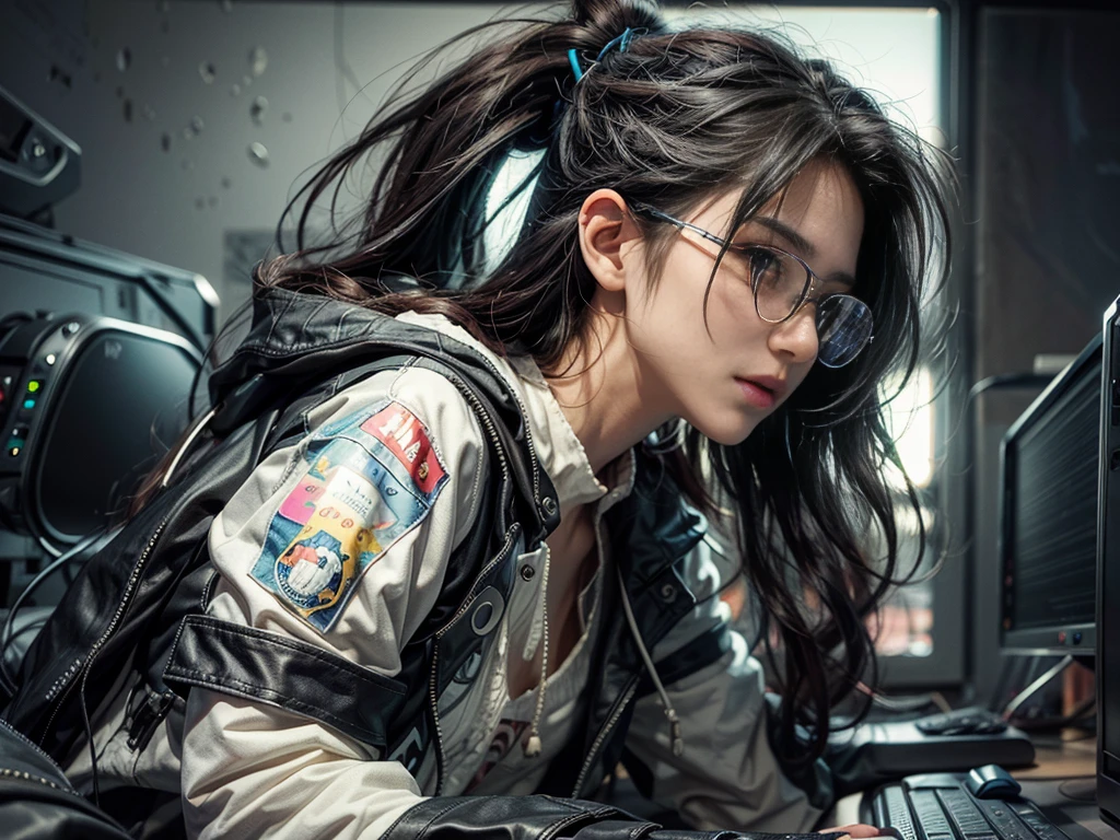 ultra-detailed, cute woman, petite stature, enormous breasts, side milk, white skin, alluring figure, black long messy hair, watery eyes, long uper eye lashes, contemptuous gaze, blush on cheeks, seductive smile, background((dark and messy gaming room, Server Machine, neon lights, Braces, some computer, notebook)), messy paper, flight, Debris flying, writing border depth, Movie, Finished lunch box, Cup drinks, coffee, seated in a gaming chair, ((engrossed in staring at the computer screen)), ((hands moving on the keyboard)), black RGB gaming headset, Blue jacket, Open shoulders, black short bandeau top, white miniskirt, , black-framed glasses, (Glasses reflect light from screen), ((screen light)), HDR, Premium shade, Perfect painting, visual art, Perfect art, super detai, from side, atmospheric perspective, chiaroscuro, Best quality, textured skin, ccurate, highres, super detail, masterpiece