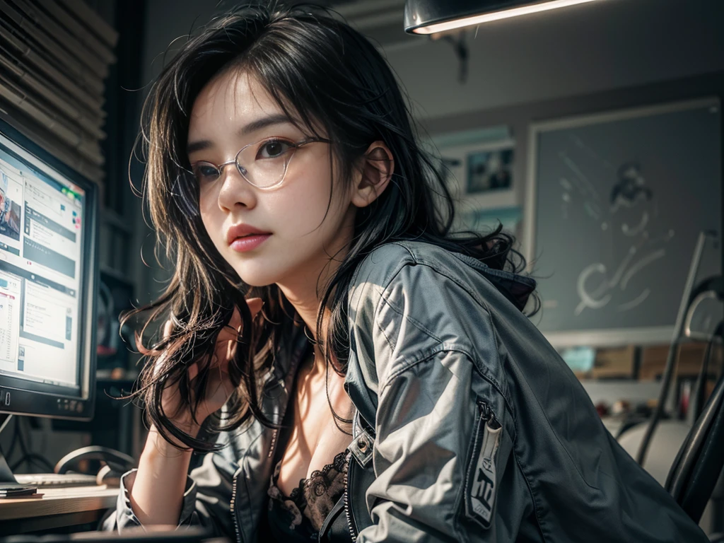 ultra-detailed, cute woman, petite stature, enormous breasts, side milk, white skin, alluring figure, black long messy hair, watery eyes, long uper eye lashes, contemptuous gaze, blush on cheeks,  smile, background((dark and messy gaming room, Server Machine, neon lights, Braces, some computer, notebook)), messy paper, flight, Debris flying, writing border depth, Movie, Finished lunch box, Cup drinks, coffee, seated in a gaming chair, ((engrossed in staring at the computer screen)), ((hands moving on the keyboard)), black RGB gaming headset, Blue jacket, Open shoulders, black short bandeau top, white , , black-framed glasses, (Glasses reflect light from screen), ((screen light)), HDR, Premium shade, Perfect painting, visual art, Perfect art, super detai, from side, atmospheric perspective, chiaroscuro, Best quality, textured skin, ccurate, highres, super detail, masterpiece