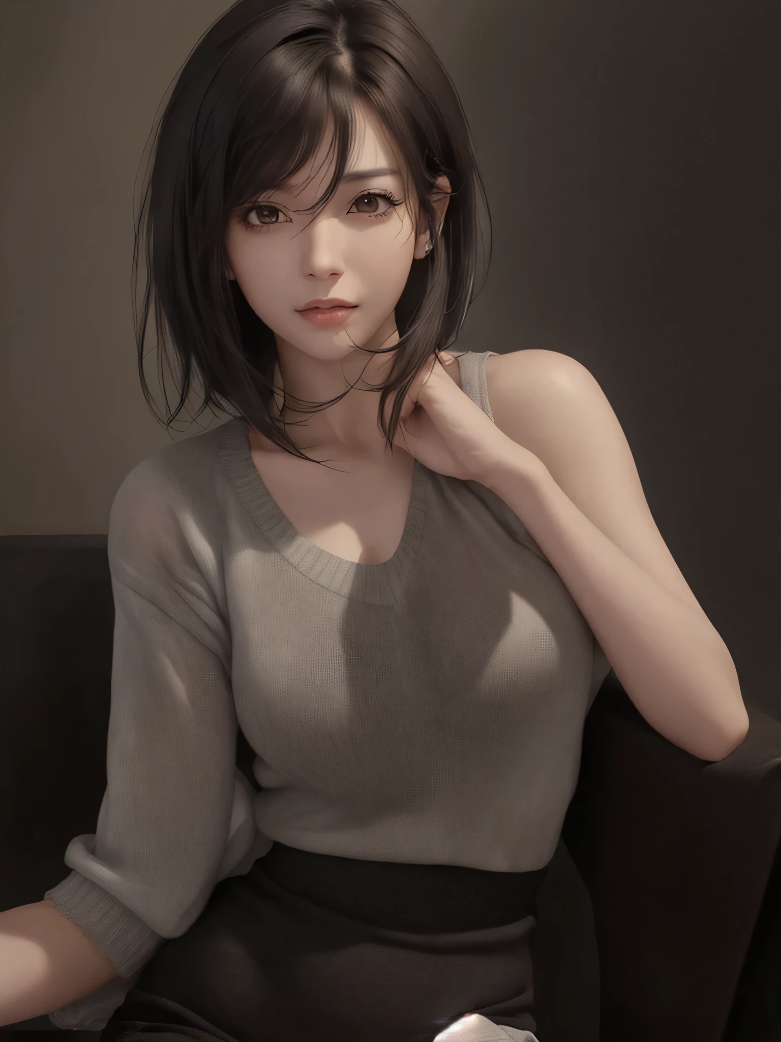 (Representative works: 1.3), (8K, realistic, RAW photo, best image quality: 1.4), (30 year old mature woman),small face, beautiful face, (realistic face),no makeup、natural makeup、light makeup、 (Dark brown, short hair: 1.3), beautiful hairstyle, realistic eyes, detailed and beautiful eyes, (realistic skin), beautiful skin, (sweater),、Bust A cup、 confused, charm, 超High resolution, Super realistic, High resolution, golden ratio, ff tifa、gray background、