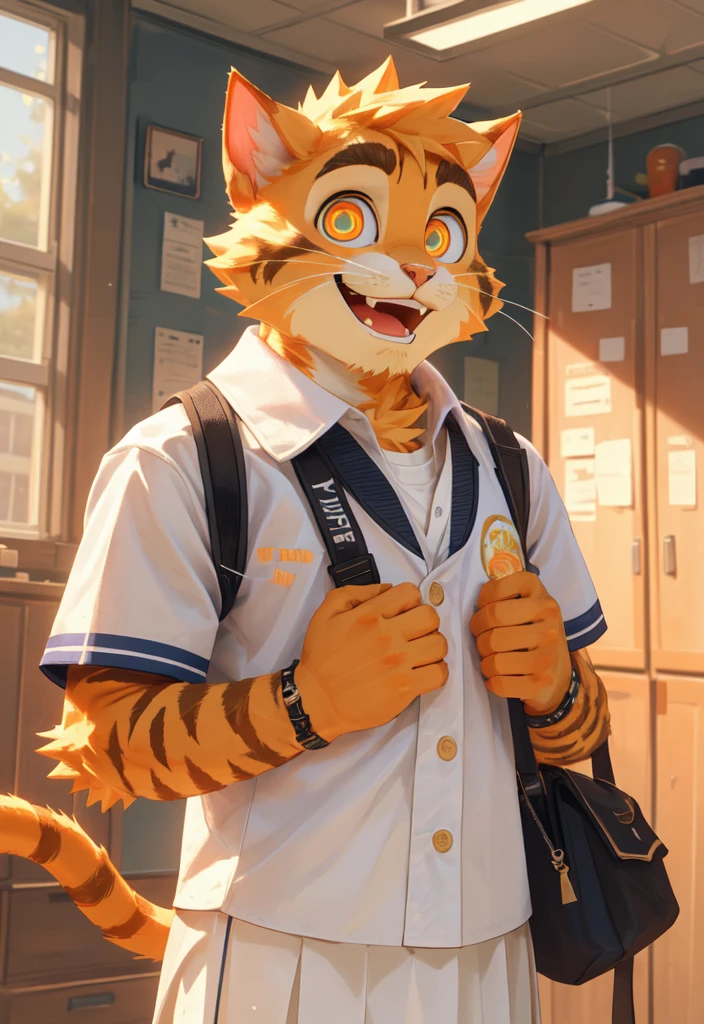 (masterpiece),(Very detailed),(best quality),hairy,Cat,orange fur,vivid eyes,golden pupils,cute style,Slightly muscular,Sunny and cheerful,(white casual wear),((funny expression)),8K,(high quality),(ultra high definition),(super detailed)(High school student)