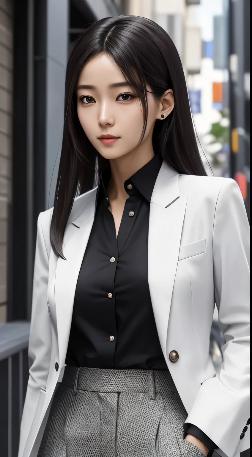 **Sakura's Appearance and Attire Description:**
Sakura is a tech enthusiast with a modern and sleek style that reflects her passion for futuristic technology. She has a youthful and energetic presence, with a hint of sophistication in her demeanor. Her long, dark hair is styled in a sleek and contemporary fashion, framing her face with precision and elegance. Sakura's almond-shaped eyes sparkle with intelligence and curiosity, hinting at her tech-savvy nature.
In terms of attire, Sakura is often seen wearing a combination of smart casual and tech-inspired clothing. She prefers comfortable yet stylish outfits that allow her to move freely while keeping up with the latest trends in the tech world. Picture her in tailored trousers, a chic blouse, and a statement jacket that incorporates subtle tech elements like smart fabrics or futuristic designs. Accessorized with sleek gadgets and minimalist jewelry, Sakura's look is a perfect blend of functionality and fashion-forward sensibility.