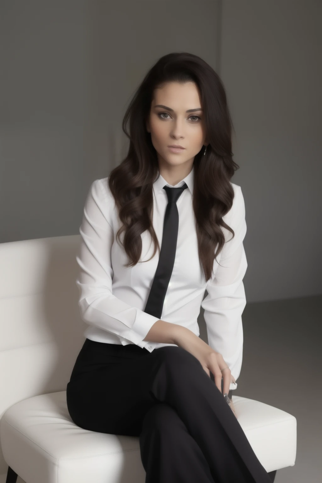 Arafed woman sitting on a white chair with a black tie, Girl in a suit, Girl in a suit, elegant fashion model, style of Yulia Razumova, женщина in a business suit, wear an elegant outfit, Sleek black and white, In a formal business suit, in a business suit, sophisticated young woman, in a business suit, advertising portrait