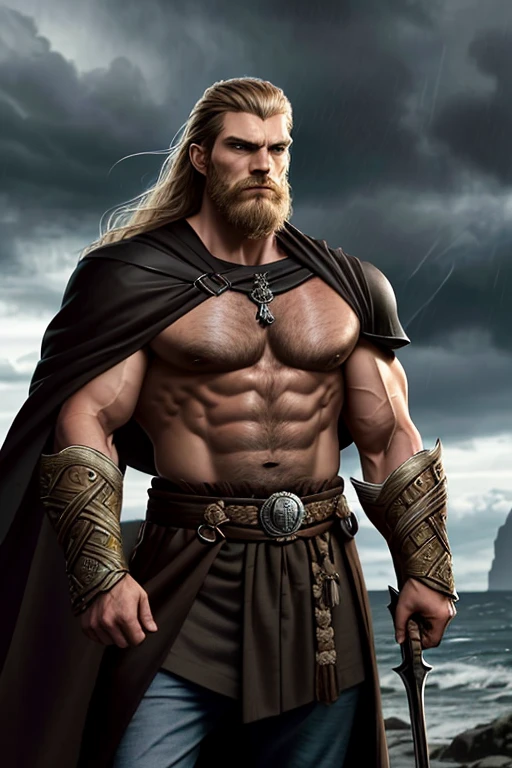 In the stormy and rainy weather, a man stands tall and imposing, resembling the Germanic king Otto the Great. His face bears the intense expression of a super villain, with a long brown beard flowing down his chest, evoking the typical Germanic aesthetic. The intricate details of his rugged features, accentuated by pronounced cheekbones and a furrowed brow, are captured flawlessly in this high-quality image. With a muscular body that exudes power, he radiates an aura of authority and might. His long brown hair cascades down his back, complementing the fierce intensity in his eyes. Like a deity, he wields an iron scepter in his hand, a symbol of his dominion. The realism of this depiction is