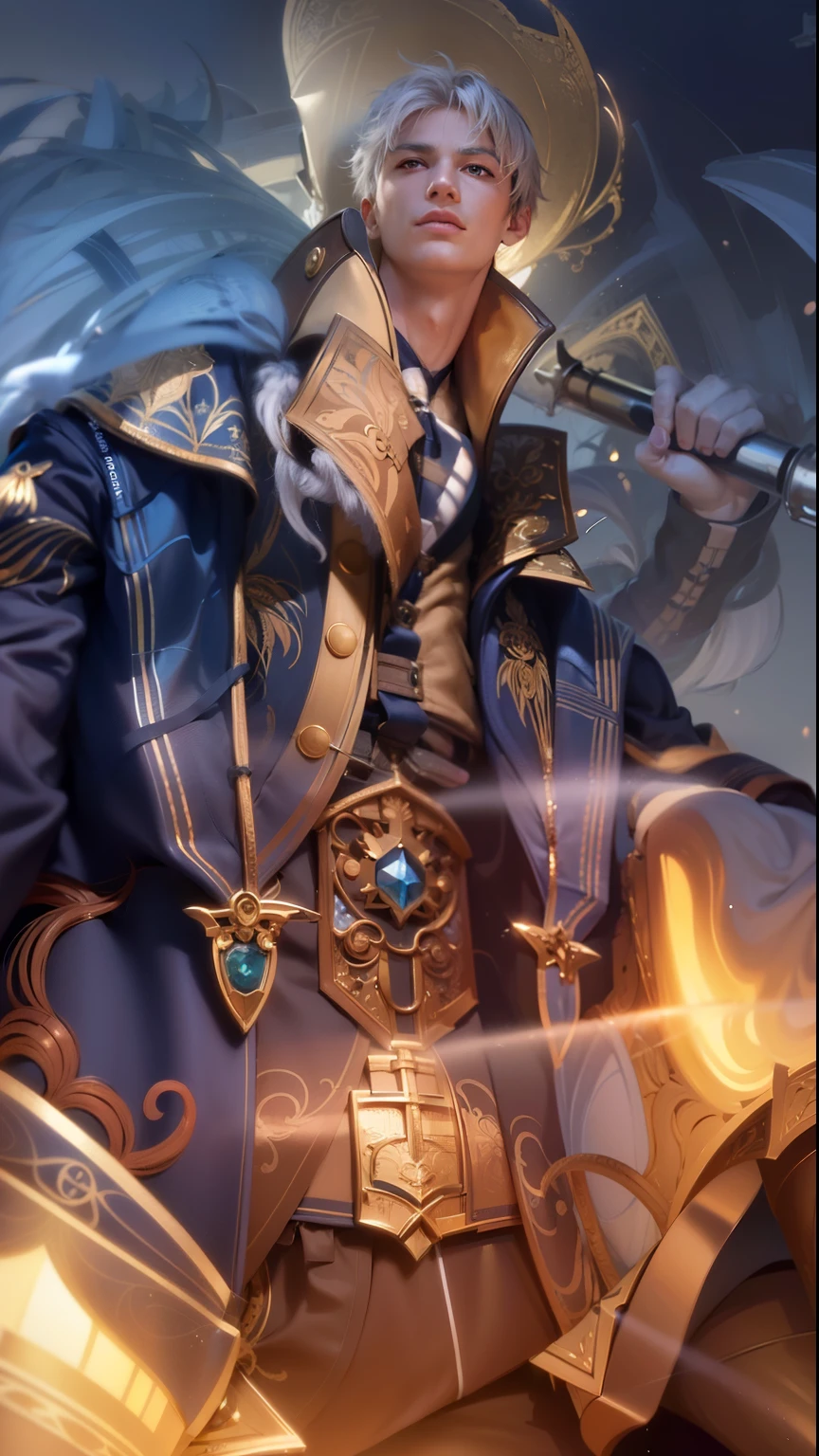 masculine male, masterpiece, ((perfect eyes)) best quality, (semirealism:1.9), beautiful lighting, (extremely detailed CG unity 4k fhd wallpaper), High Detail, Sharp focus, dramatic outdoors, 1 boy ,19 years old, white hair, light purpel eyes, smile.