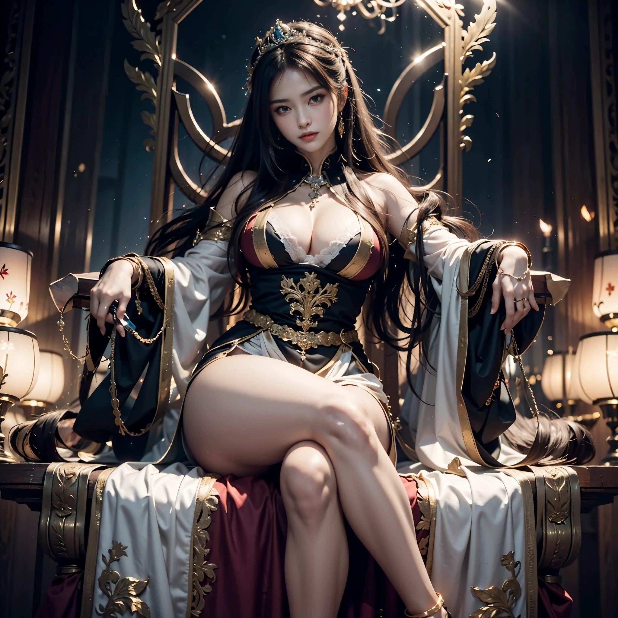 The main subject of the picture is a majestic queen sitting on a gorgeous throne,There stands an extremely sharp sword in front of me,Distinctive features;The art style is unique,Combining classical and modern elements,Showing a deep and mysterious beauty;The elements are rich and diverse,Including detailed throne carving、The flowing folds of a dress and the cold light of a sword;Stunning visual effects,Through clever composition and light and shadow processing,Create a strong visual impact;Vivid color features,Gold and crimson as main colors,Demonstrating the Queen's nobility and power;High picture clarity,The details are meticulous,High-quality;Proper lighting treatment,It creates a mysterious and solemn atmosphere;The master's style is remarkable,Demonstrates the painter's profound artistic attainments and professional level,Comparable to award-winning works。