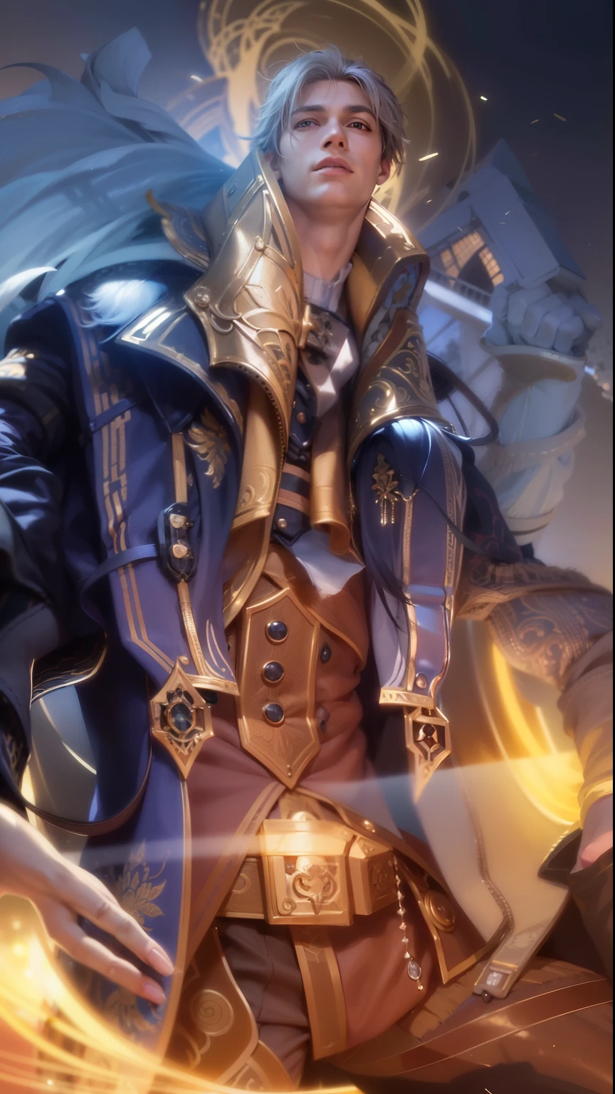 masculine male, masterpiece, ((perfect eyes)) best quality, (semirealism:1.9), beautiful lighting, (extremely detailed CG unity 4k fhd wallpaper), High Detail, Sharp focus, dramatic outdoors, 1 boy ,19 years old, white hair, light purpel eyes, smile.
