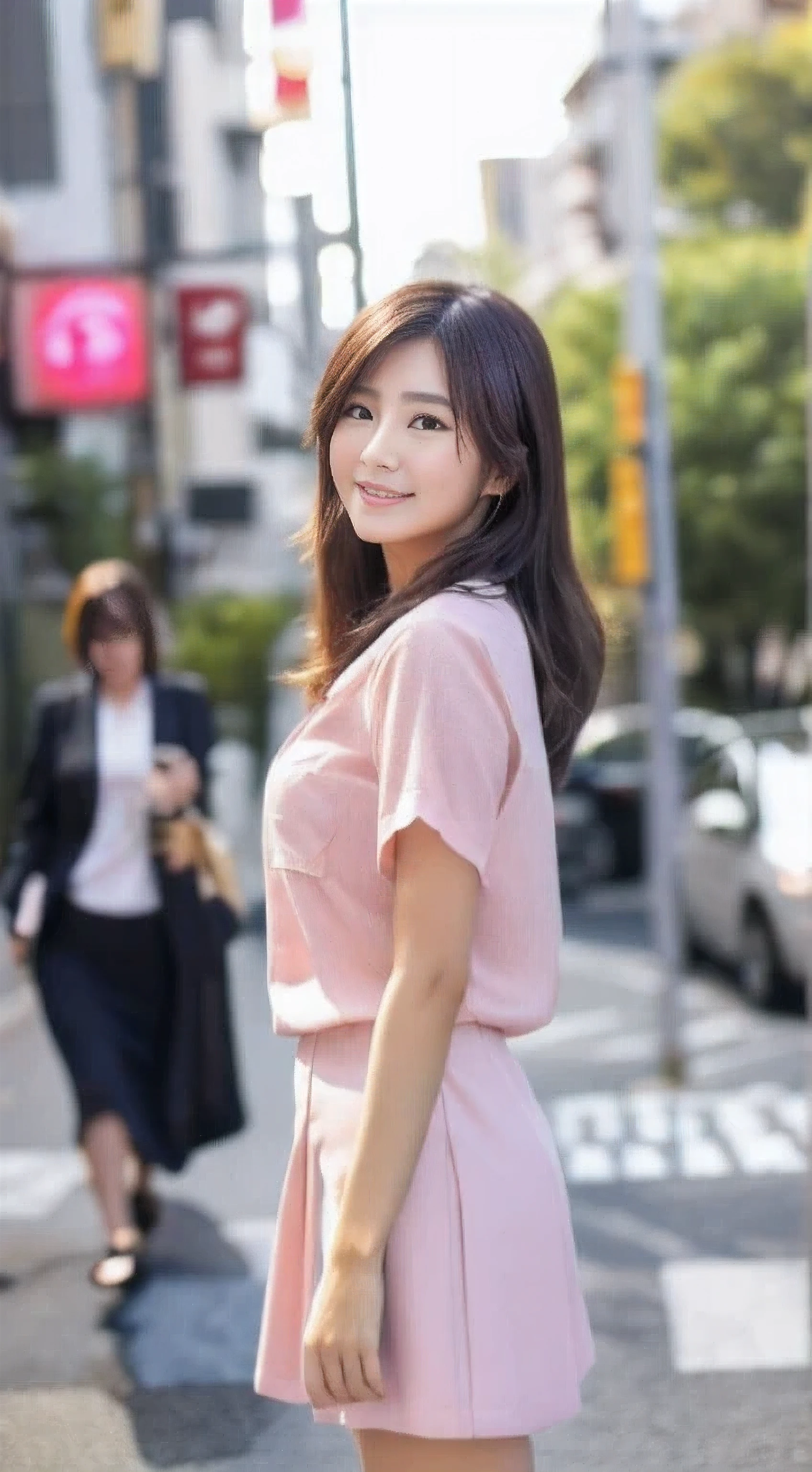 (RAW photo、best quality)、(genuine、photo-genuineistic:1.3)、best quality、masterpiece、very delicate and beautiful、Very detailed CG、unity、8K wallpaper、surprisingly okay、small detailasterpiece、best quality、very detailed eyes and face、detailed and beautiful eyes、facial light、pay attention to your audience、(best quality、8K、32k、masterpiece、UHD:1.2)、cute japanese women pictures、fine double eyes、double eyelid、the most beautiful face in the world、hair、big breasts、Suit attire、Work style、Light pink blouse、too short black skirt、tight clothes、tight clothes、Intersection Background、sexy、pin high heels、camel toe、whole body、thick thighs、barefoot、