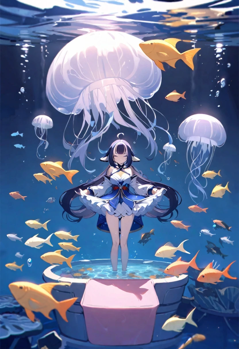 (((shylily))),(muste piece), (best quality), very detailed, 1 girl, Solo Full Body Shot, perfect face, beautiful girl, very detailed face,(in water:1.4),(float:1.3),sink,school of fish,Light,jellyfish,seaweed,Red fish,Yellow fish,deep sea,fantasy