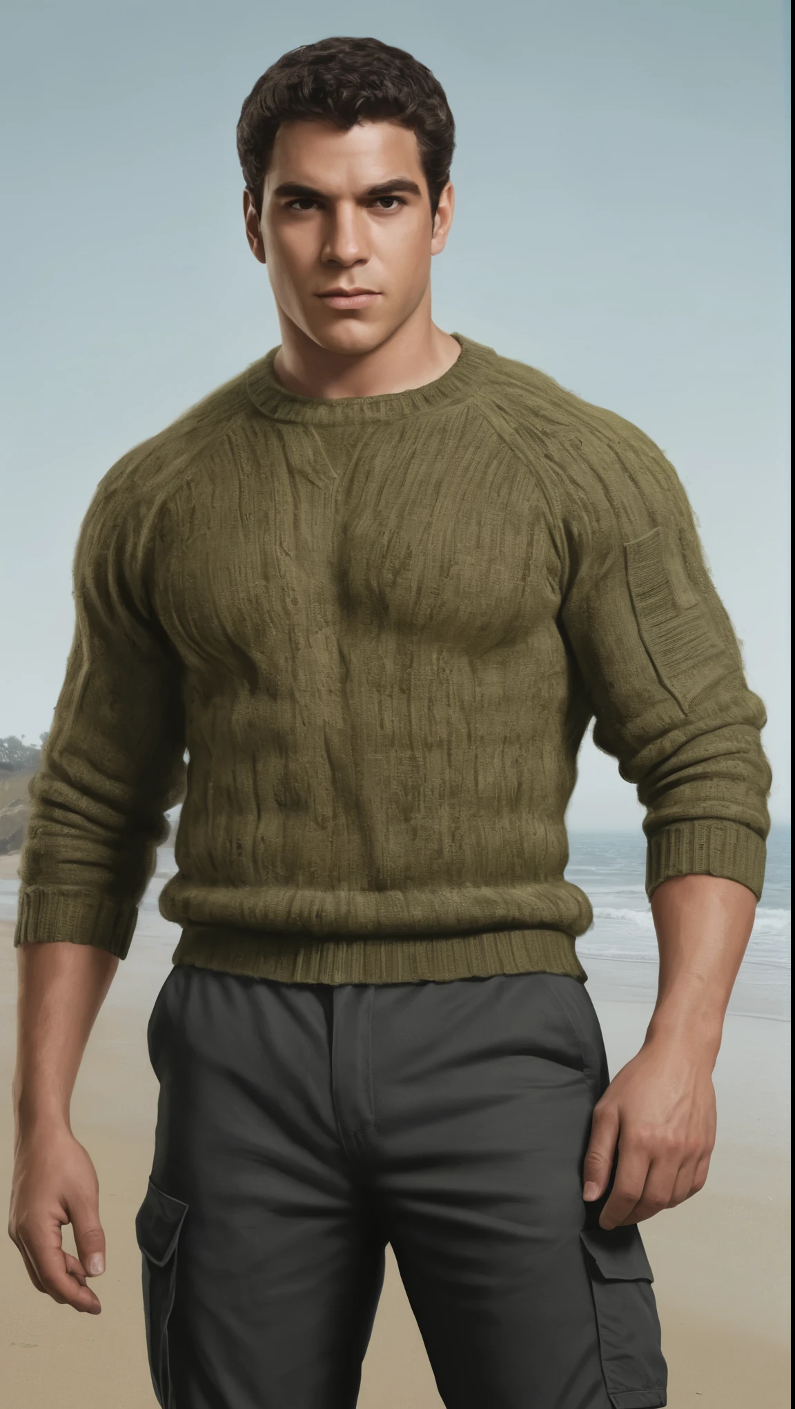An illustrated movie poster, hand-drawn, full color, a secret agent, male, 21 years-old, wearing a british commando sweater and tactical pants, resembles a young Lou Ferrigno, sun-tanned skin, round face, average height, broad shoulders, soft belly, slightly chubby, deep brown eyes, wide bulbous nose, black hair, curly taper fade, thick bushy eyebrows, extremely hairy chest, stomach, and arms, lots of body hair, posing on a cold misty beach, hard shadows, graphite shading, stencil marks, airbrushed acrylic paint, masterpiece, in the style of Skyrim