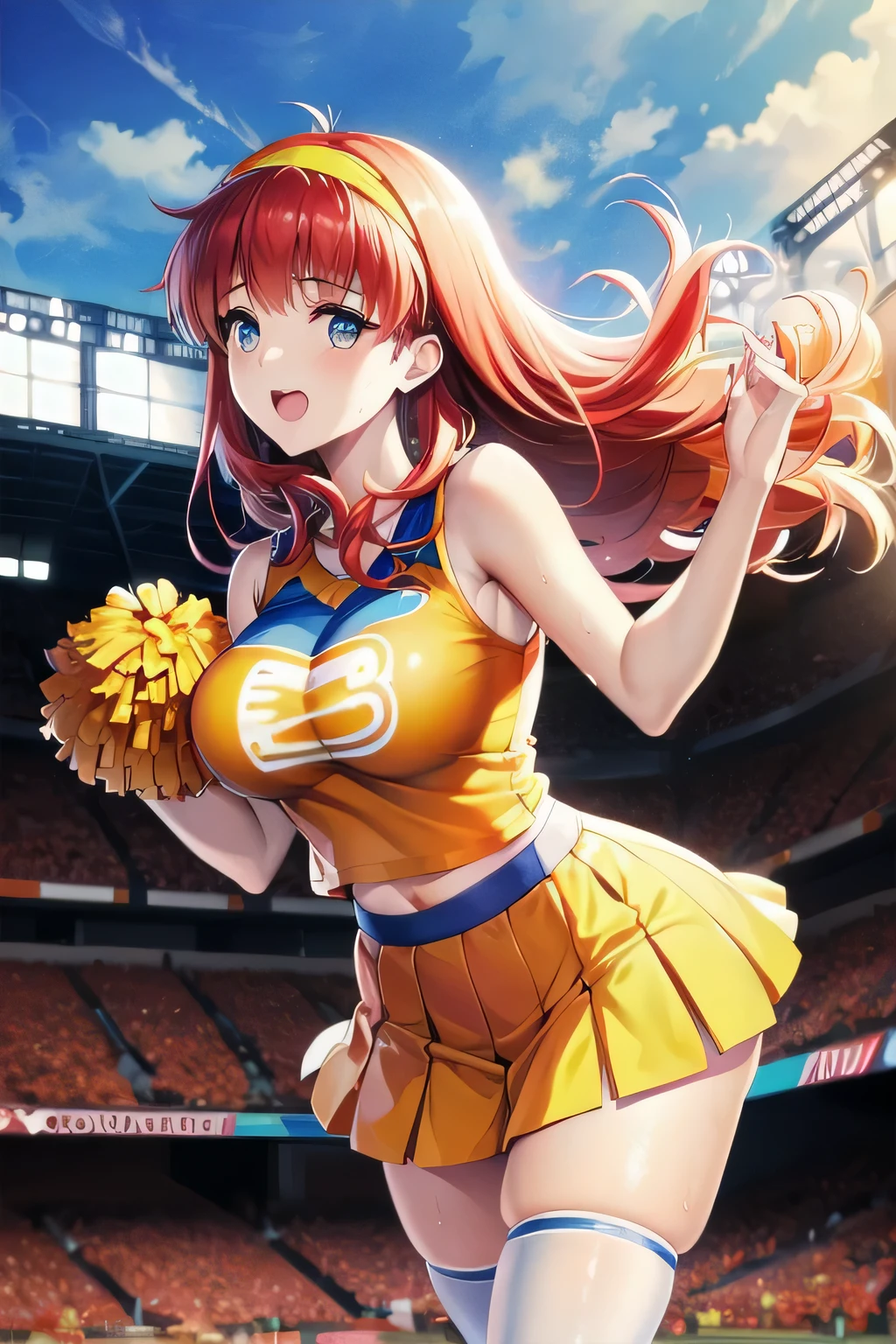 very cute and beautiful cheerleader girl,(Highly detailed beautiful face and eyes:1.2),(hold the pom pom:1.2),(laugh together),((big breasty whole body is sweaty))
(stadium stand),cowboy shot,dynamic pose,zettai ryouiki,(orange sleeveless shirt),beautiful feet,skirt lift,white panties,dynamic angle,redhead、yellow headband、transparent costume、
(highest quality,masterpiece:1.2),1 girl,looking at the viewer,
Natural light,hair blowing in the wind,beautiful detailed sky,