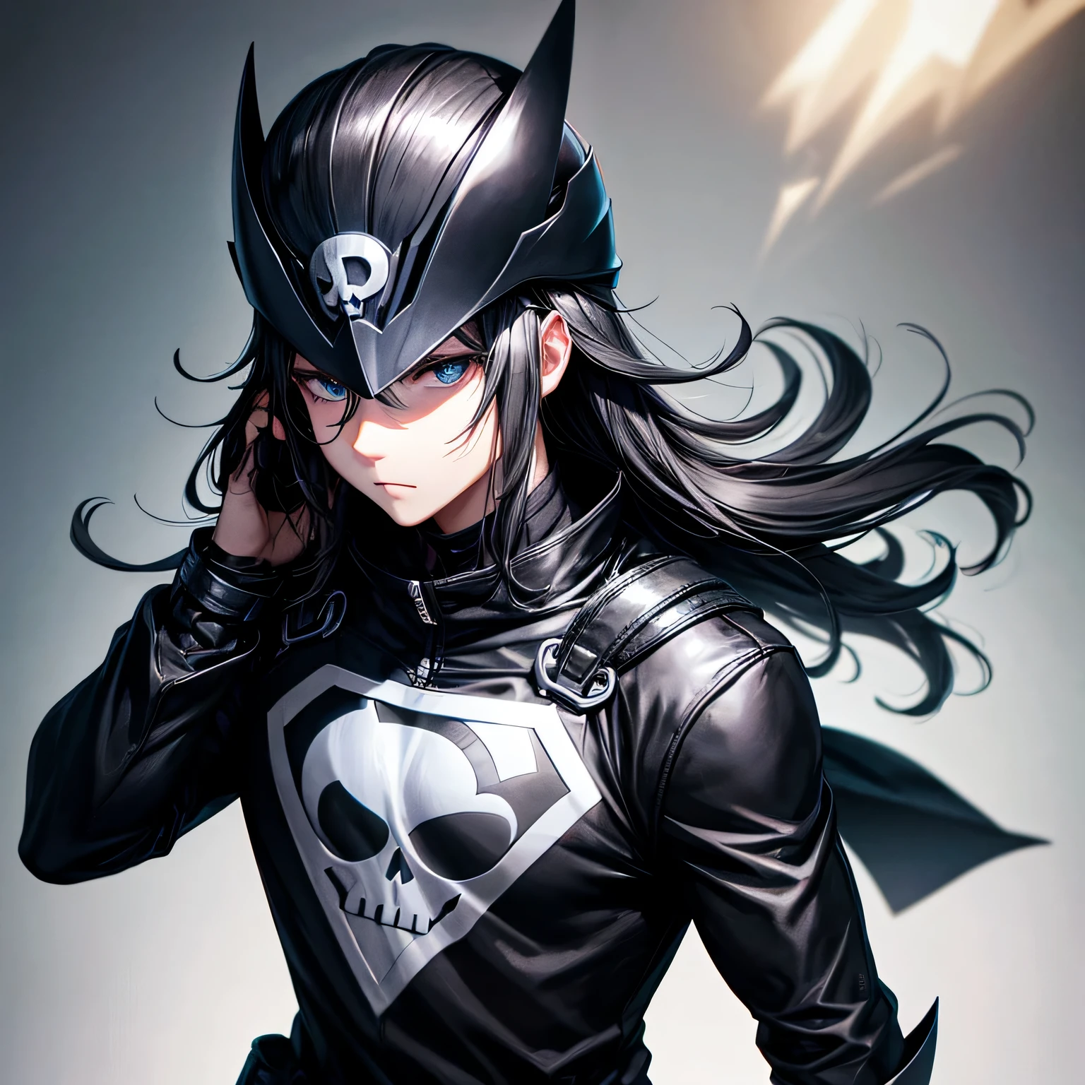 Super hero in black and gray outfit with black skull helmet