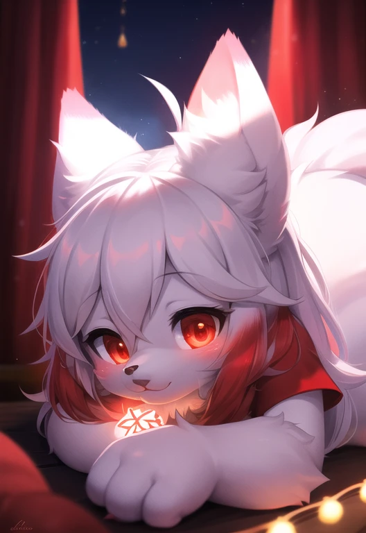 furry, white fur, ultra cute face, red elements on fur, glowing t-shrt, beautiful lights and shadows, ambient light, ultra detailed fur, volumetric light