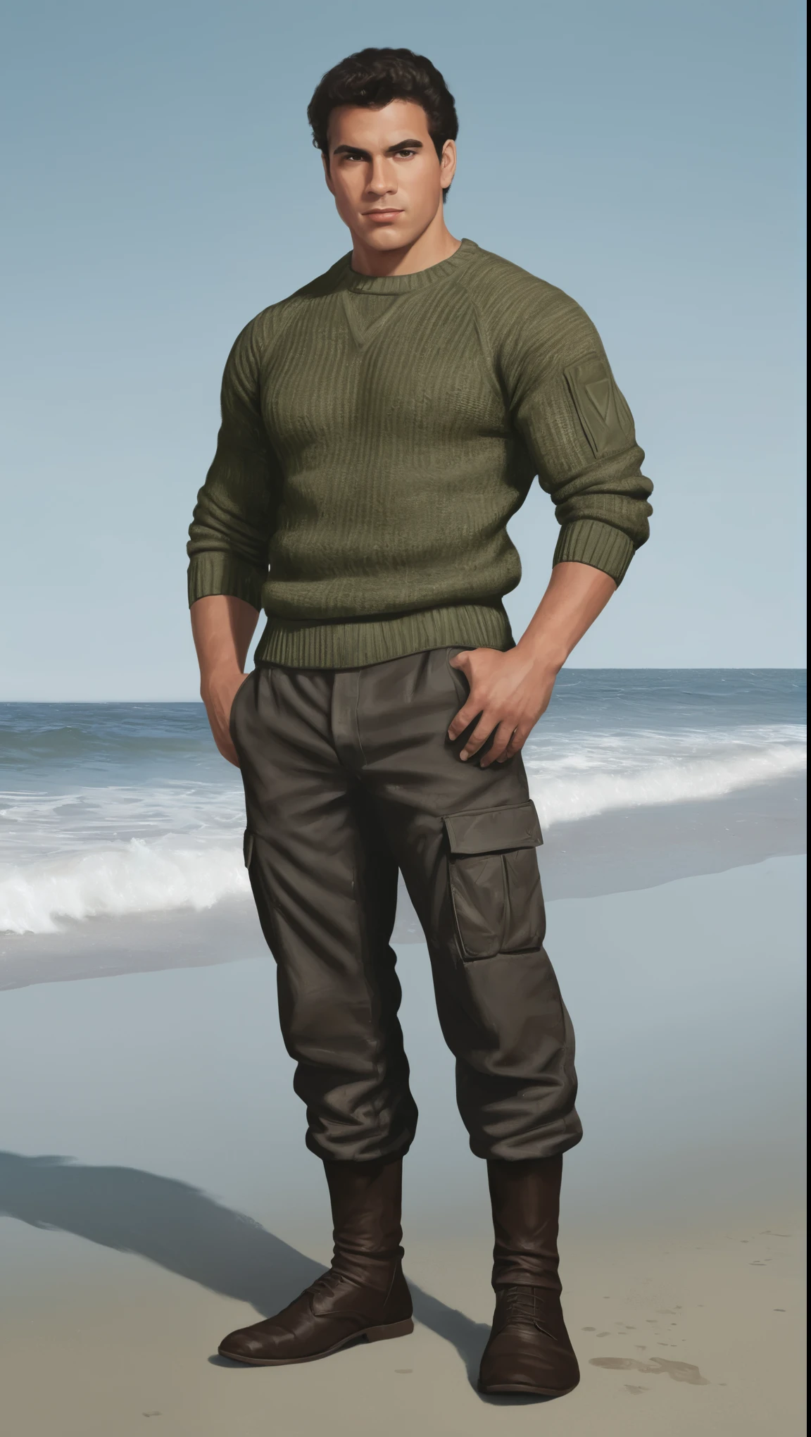 An illustrated movie poster, hand-drawn, full color, a secret agent, male, 21 years-old, wearing a rib-knit commando sweater and tactical pants, resembles a young Lou Ferrigno, sun-tanned skin, round face, average height, broad shoulders, soft belly, slightly chubby, deep brown eyes, wide bulbous nose, black hair, curly taper fade, thick bushy eyebrows, extremely hairy chest, stomach, and arms, lots of body hair, posing on a cold misty beach, hard shadows, graphite shading, stencil marks, airbrushed acrylic paint, masterpiece, in the style of Skyrim