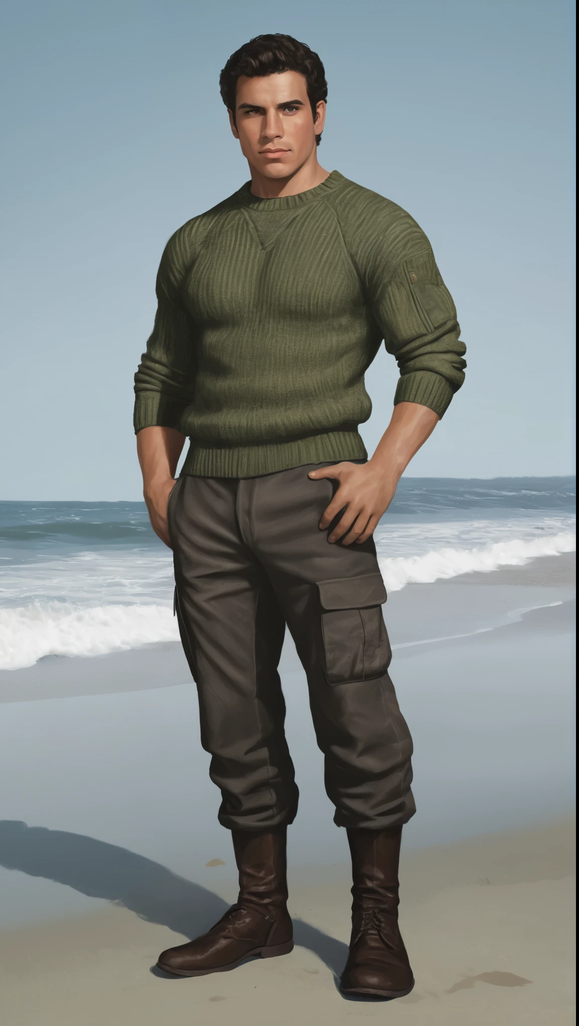 An illustrated movie poster, hand-drawn, full color, a secret agent, male, 21 years-old, wearing a rib-knit commando sweater and tactical pants, resembles a young Lou Ferrigno, sun-tanned skin, round face, average height, broad shoulders, soft belly, slightly chubby, deep brown eyes, wide bulbous nose, black hair, curly taper fade, thick bushy eyebrows, extremely hairy chest, stomach, and arms, lots of body hair, posing on a cold misty beach, hard shadows, graphite shading, stencil marks, airbrushed acrylic paint, masterpiece, in the style of Skyrim