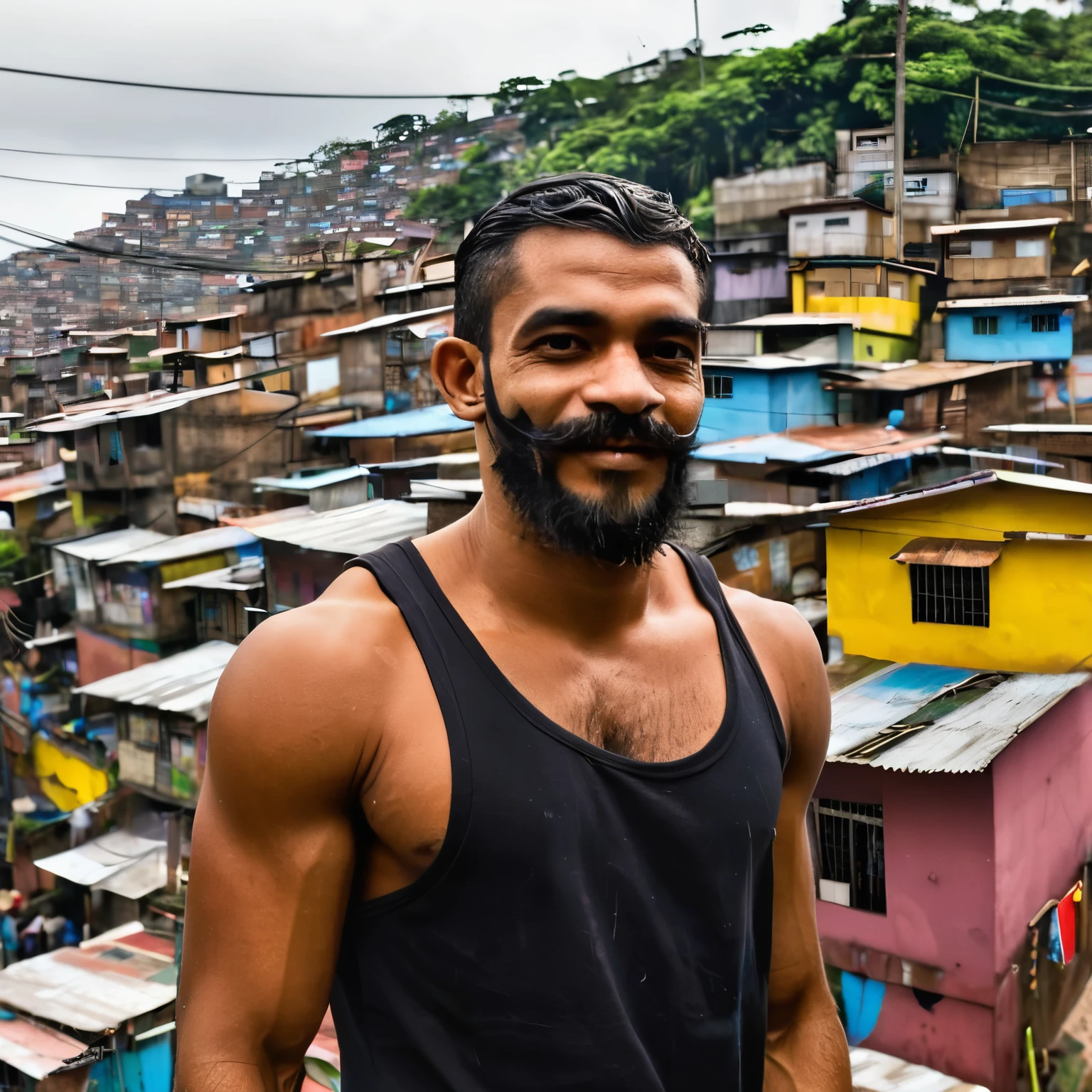 Macho,cabelo preto, favela owner profession,slum scenery