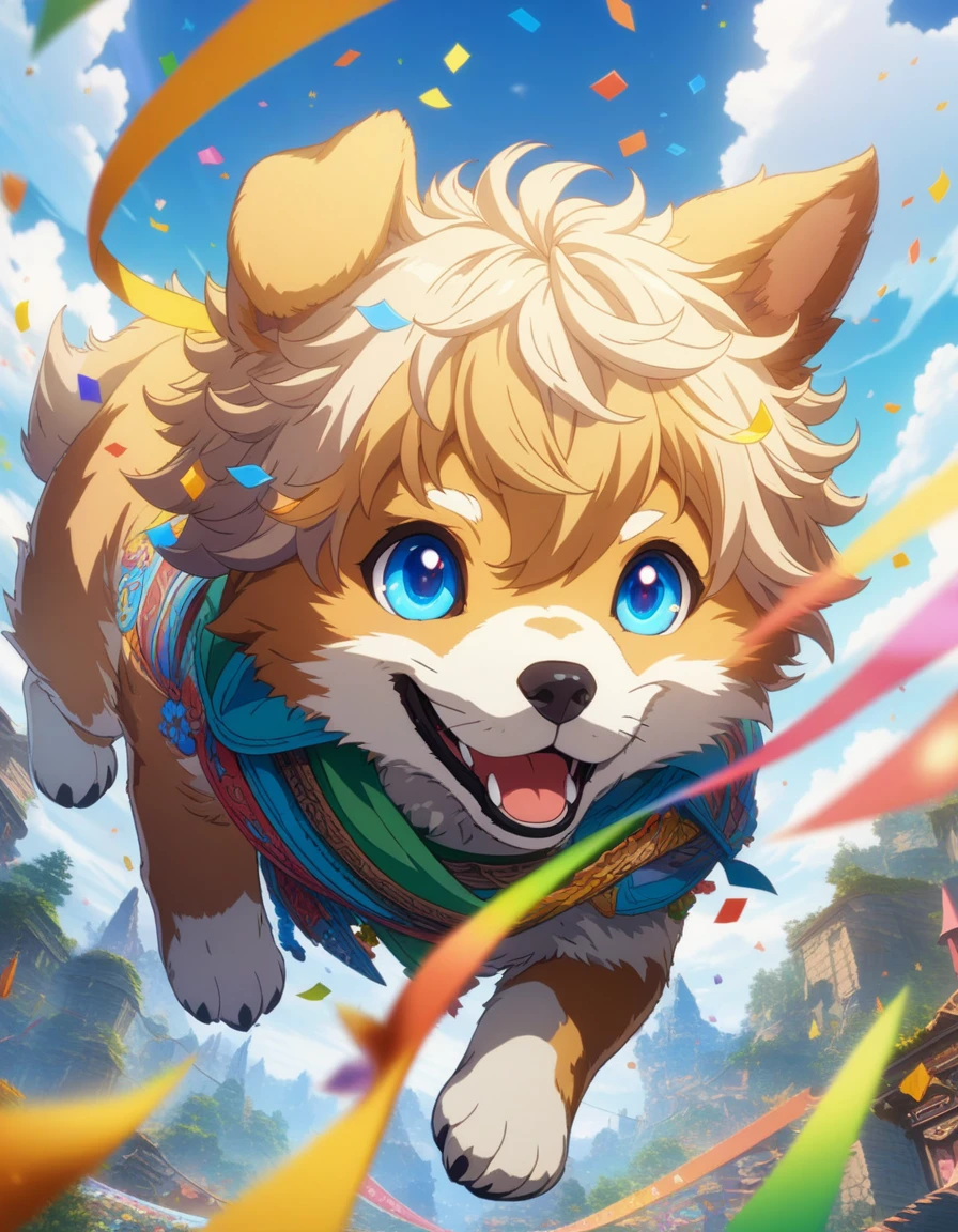 1dog, Cute puppy excitedly playing in swirling cloud of colorful confetti at festival, confetti raining down around happy puppy, hyperdetailed, detailed matte painting, Unreal Engine 5, beautiful composition, deep color, fantastical, intricate detail, fantasy concept art, 8k resolution, HD resolution . (masterpiece), (best quality), (ultra-detailed), very aesthetic, illustration, disheveled hair, perfect composition, moist skin, intricate details, anime artwork, anime style, visual, vibrant, studio anime, highly detailed, aesthetic