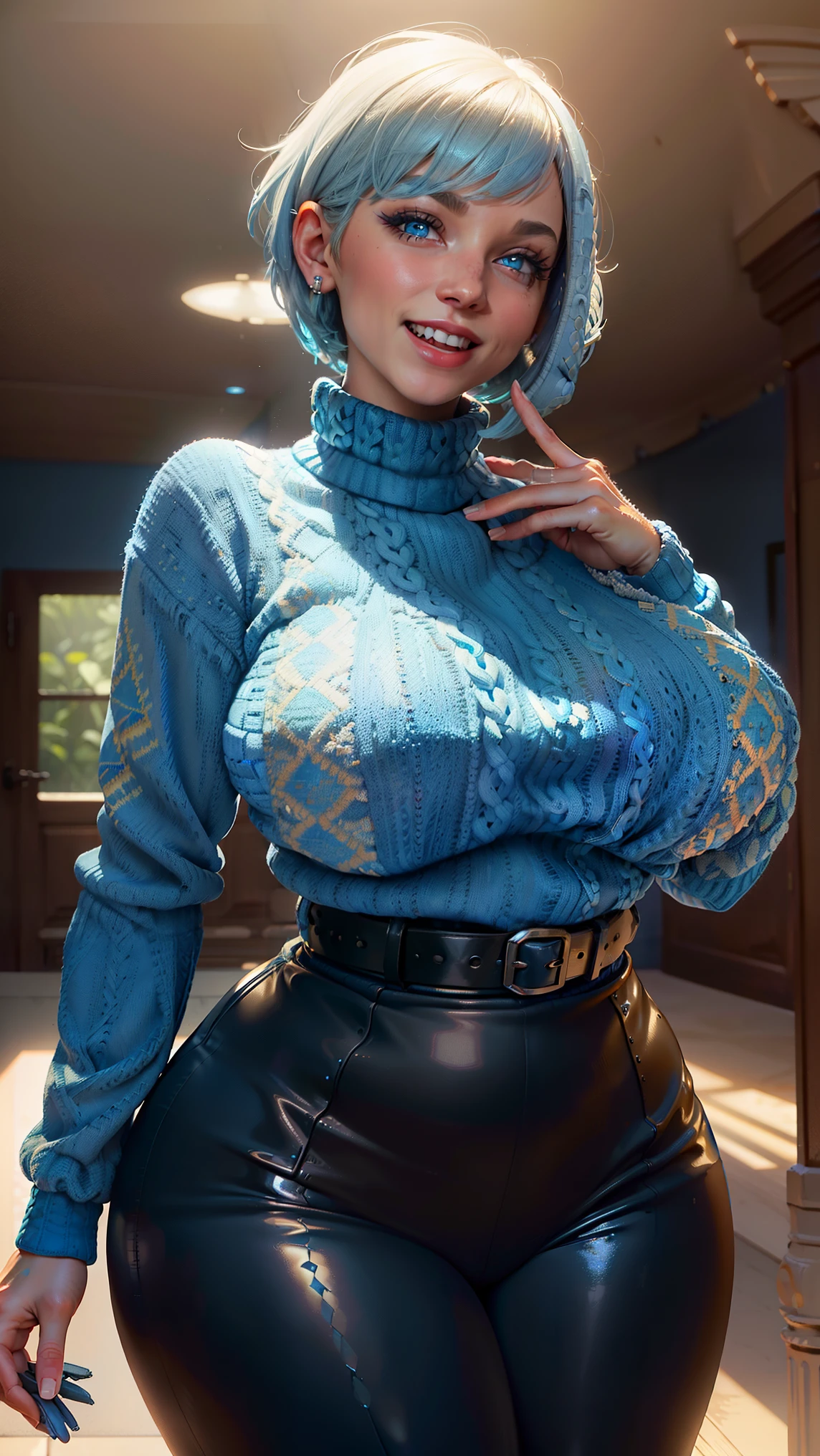 (masterpiece, highres, high resolution:1.2), anime 20 yo girl, portrait, shoulders up, illustration. drawn, blue hair woman, green eyes, blushing, solo, sad, sad face, freckles, big lips, huge breasts, perfect body, wearing a turtleneck sweater, anime girl, visible , visible nipples, shirt lift, missionary 
