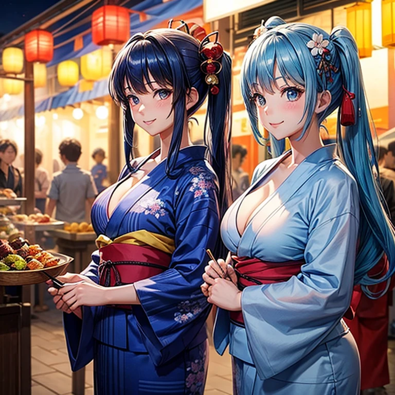 Blue hair with twin tails,smile,wearing a yukata,cleavage,beautiful girl,Festive background,A row of food stalls,multiple girls,Holding a fan in your hand,