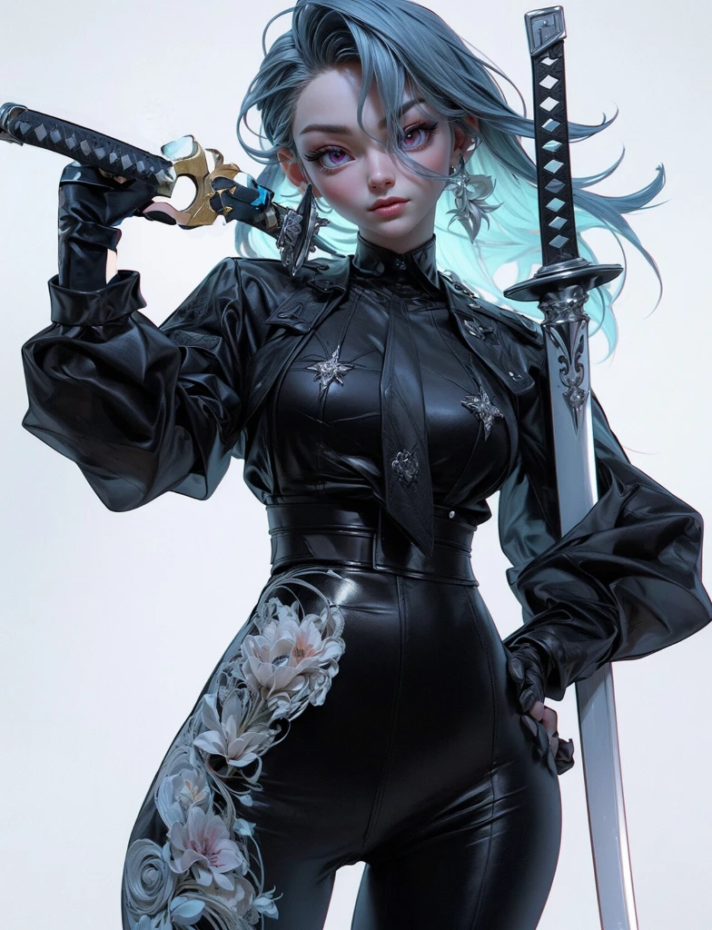 There is a woman in a black outfit, Holding the Sword, ross tran 8 k, 3d rendered character art 8 K, ross tran style, by Russell Dongjun Lu, in the style of ross tran, stunning character art, artwork in the style of guweiz, hyperdetailed fantasy character, by Ross Tran!!!, rossdraws 1. 0, epic exquisite character art