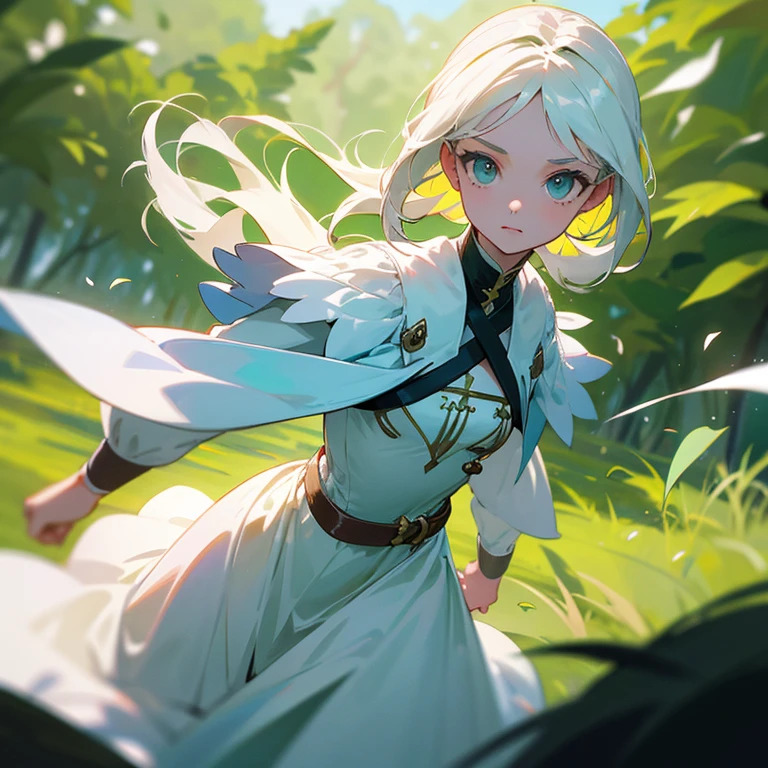 Joven mujer, de cabello blanco, piel blanca, ojos verdes, con un vestido verde, en un bosque, corriendo, y mirando en todos lados