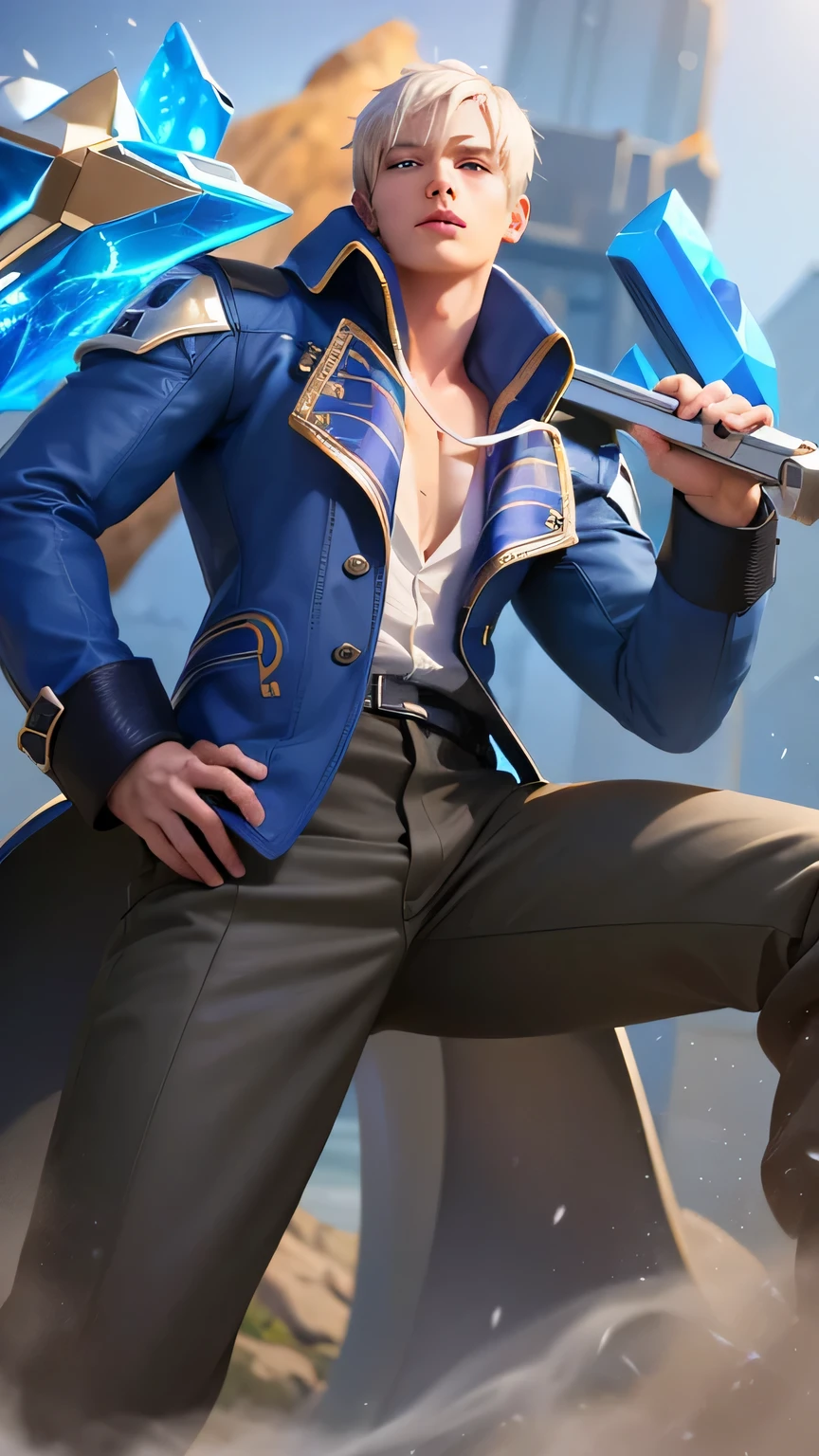 masculine male, masterpiece, ((perfect eyes)) best quality, (semirealism:1.9), beautiful lighting, (extremely detailed CG unity 4k fhd wallpaper), High Detail, Sharp focus, dramatic outdoors, 1 boy ,19 years old, white hair, light purpel eyes, smile.