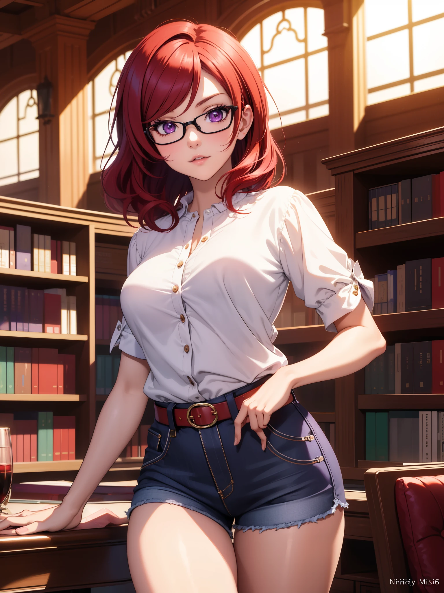 (masterpiece:1.2), (best quality:1.2), perfect eyes, perfect face, volumetric lighting, 1girl, mature female, librarian, high waisted pants, sleeveless buttoned shirt, small glasses, short red hair, pompadour cut, earrings, cross necklace, belt, leaning back