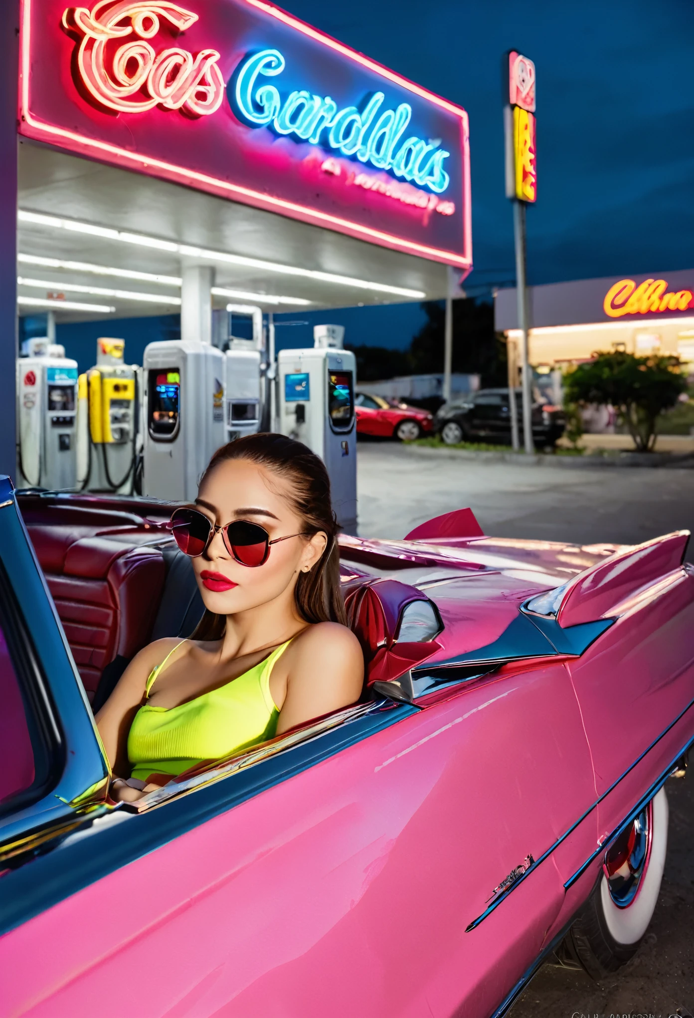 completo, diagonal photo of a 1959 Cadillac Eldorado Biarritz convertible in shiny polished metal bright pink color, cauda longa, a pintura reflete tudo ao seu redor, estilo ciberpunk, cercado de luz neon colorida, roda grossa, roda dourada, detalhes em dourado, Woman in sunglasses driving, neon na pintura do carro, pintura reflexiva que reflete tudo ao seu redor, farol detalhado, farol muito detalhado, as detailed as possible, hyper-realistic as realistic as possible, It's in a cyberpunk-style gas station with pink and blue neon lights everywhere, melhor qualidade, CRU, obra-prima, foto super fina, melhor qualidade, super high resolution, fotorrealista, luz solar, enquadrando o carro inteiro na foto, incrivelmente bonito,, dynamic poses