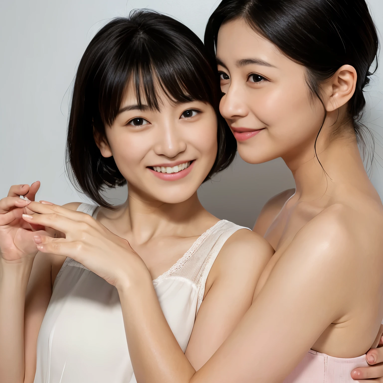 8K, Two beautiful mature women, Two Mature Women, Mature 55 year old beautiful Japanese woman, Married women, Delicate lines, Long eyelashes, Beautiful Eyes, Low Ponytail, Red lipstick, necklace, Earrings, (Colorful pajamas), Sleep in a hotel bed, ((Embrace each other)), Lesbian, Love each other
