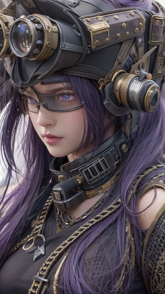 masterpiece, 1 beautiful girl, Detailed eye, Swollen eyes, top-quality,high resolution, (reality: 1.4),very extremely beautiful, Beautiful skins, A slender, Forward-facing body, (A hyper-realistic), (hight resolution), (8K), (ighly detailed), ( Best Illustration), (beautifully detailed eyes), (ultra-detailliert),Bright lighting, Professional Lighting、the most beautiful and sexy steampunk girl, black hair, purple eyes, wearing incredibly detailed post apocalyptic steampunk tactical gear and goggles, huge enormously gigantic tits, cleavage showing, tons of piercings, in post apocalyptic wasteland, incredibly detailed background, metal fragments blowing in the wind, incredibly cinematic, incredibly perfect masterpiece, high quality, high resolution