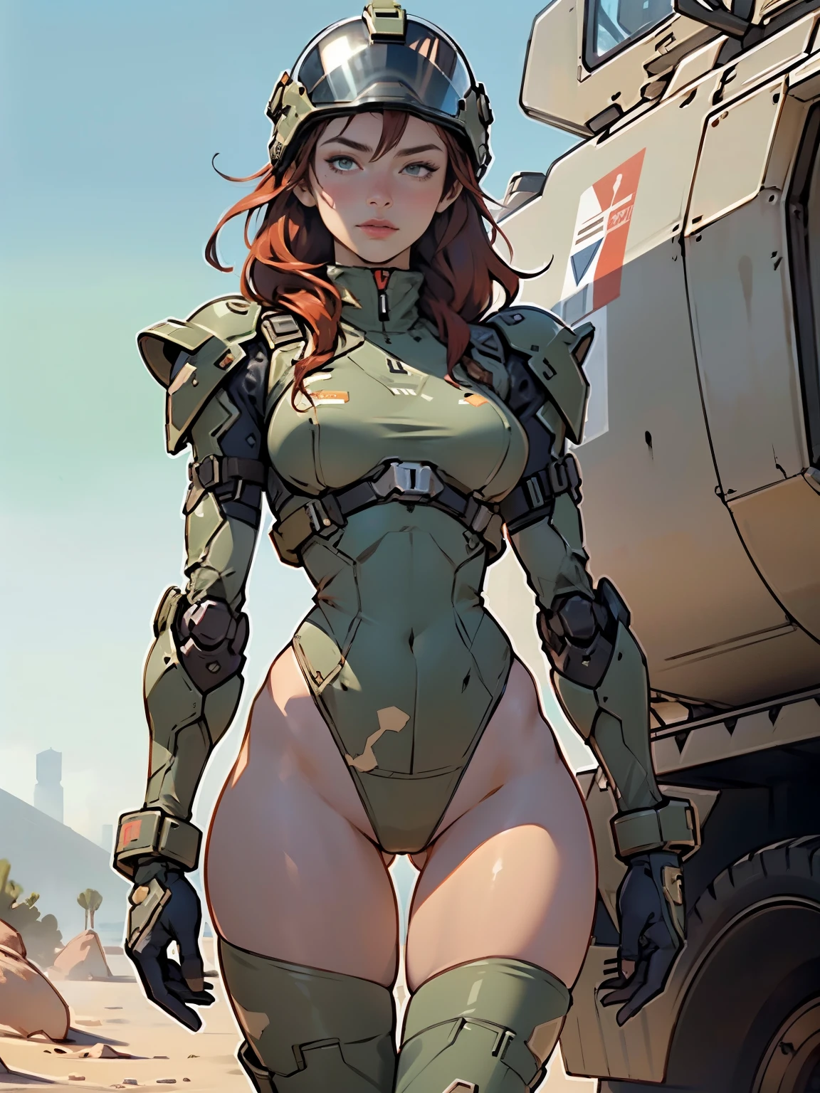 1woman 20 years old, military, wearing a soldier helmet, beautiful, perfect body, realistic, red hair, perfect body, thin waist, , large breasts, slim thighs, desert background, armored vehicle, flying fighters, military robot dog, camouflaged uniform, wealth of details, tight panties, marking on the front, slender knees, highly detailed, high resolution, prefect hands, slender thighs, thigh gap