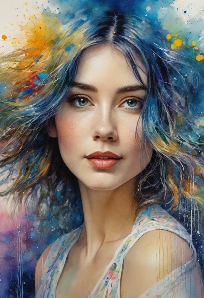 Illustrations by Beatriz Milhazes, Ginette Callaway, Georges Rochegrosse, Sam Toft, J. E. H. MacDonald, Alasdair Gray, Yvonne Coomber, Sergei Diaghilev, Dan Colen, Jan Brett, Figurative art, impasto dry brush effect: a beautiful girl, she glimpses dreams washed by a golden rain, each sunrise whispers new secrets, in a silent reverie, she dances with thestars, aspiring to free herself from the earthly bars to the cosmic tale, let her wander, let her dream, because within her soul, a wild glow, to unlock the infinite. high definition, fantastic view. Impasto Watercolors and Inks, volumetric lighting