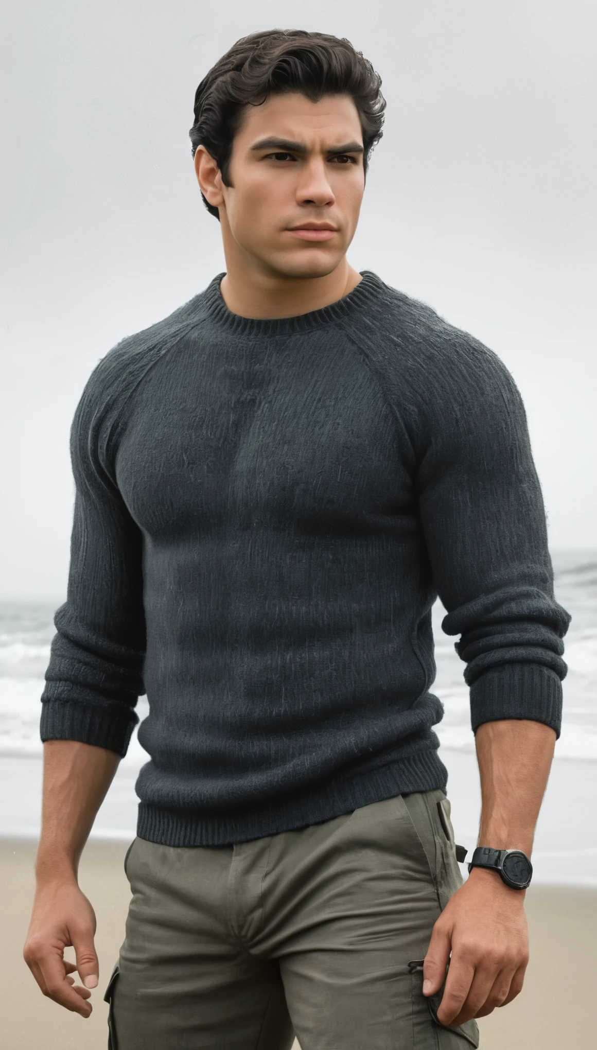 An illustrated movie poster, hand-drawn, full color, a secret agent, male, 21 years-old, wearing a rib-knit commando sweater and tactical pants, resembles a young Lou Ferrigno, sun-tanned skin, round face, average height, broad shoulders, soft belly, slightly chubby, deep brown eyes, wide bulbous nose, black hair, curly taper fade, thick bushy eyebrows, extremely hairy chest, stomach, and arms, lots of body hair, posing on a cold misty beach, hard shadows, graphite shading, stencil marks, airbrushed acrylic paint, masterpiece, in the style of Skyrim